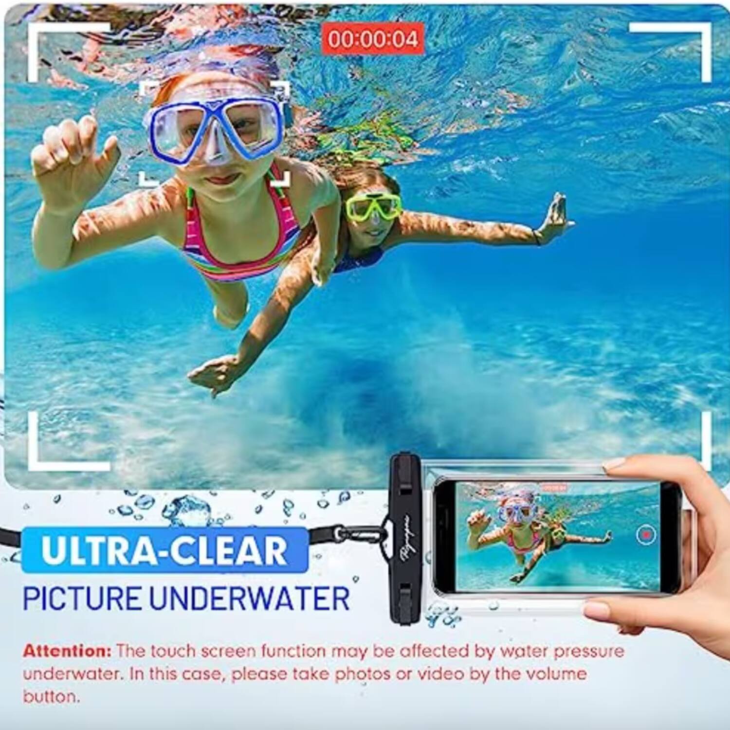 ULTRA-CLEAR PICTURE UNDERWATER

Attention: The touch screen function may be affected by water pressure underwater. In this case, please take photos or video by the volume button.