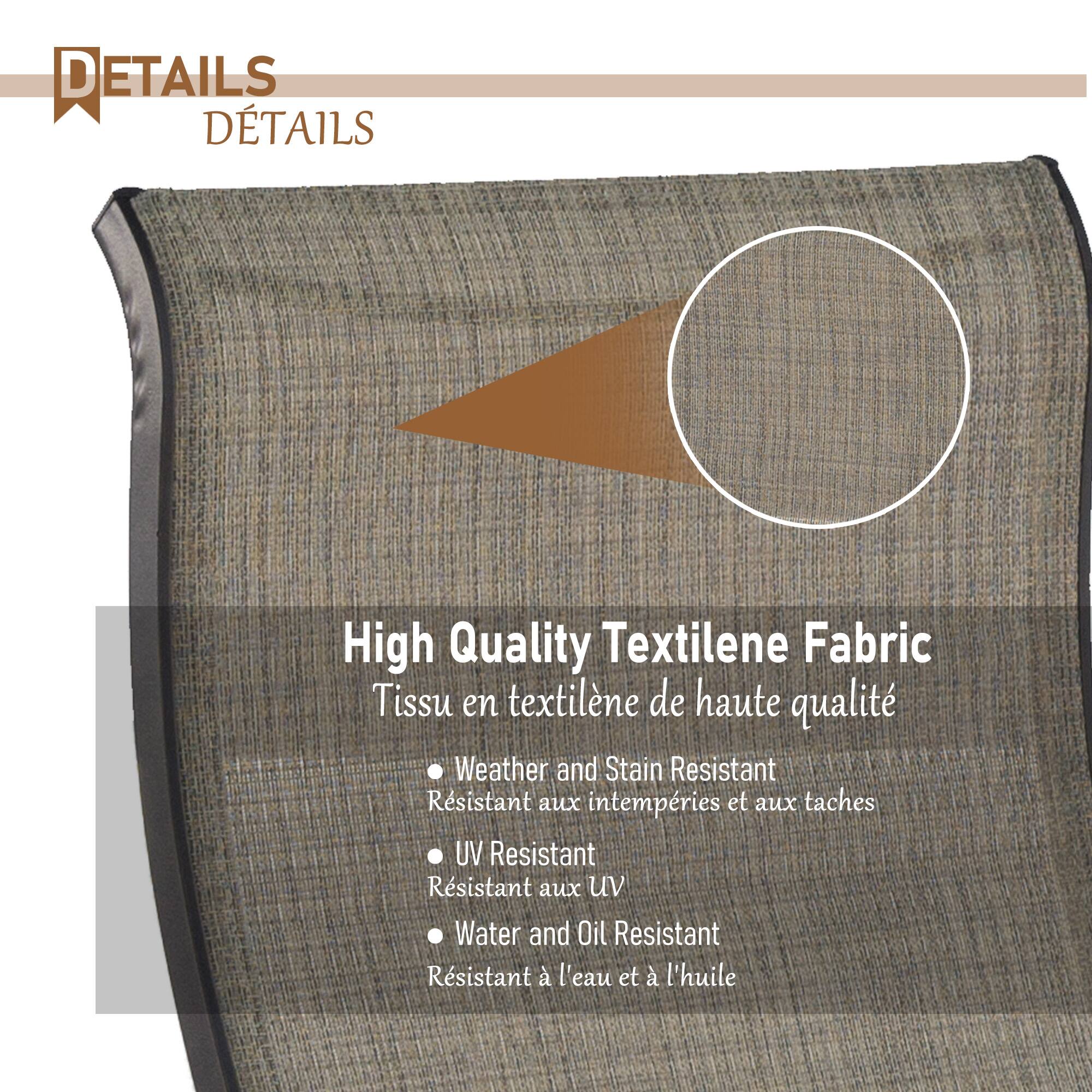 **DETAILS**

**High Quality Textilene Fabric**

**Tissu en textilene de haute qualité**

- Weather and Stain Resistant  
  *Résistant aux intempéries et aux taches*

- UV Resistant  
  *Résistant aux UV*

- Water and Oil Resistant  
  *Résistant à l'eau et à l'huile*
