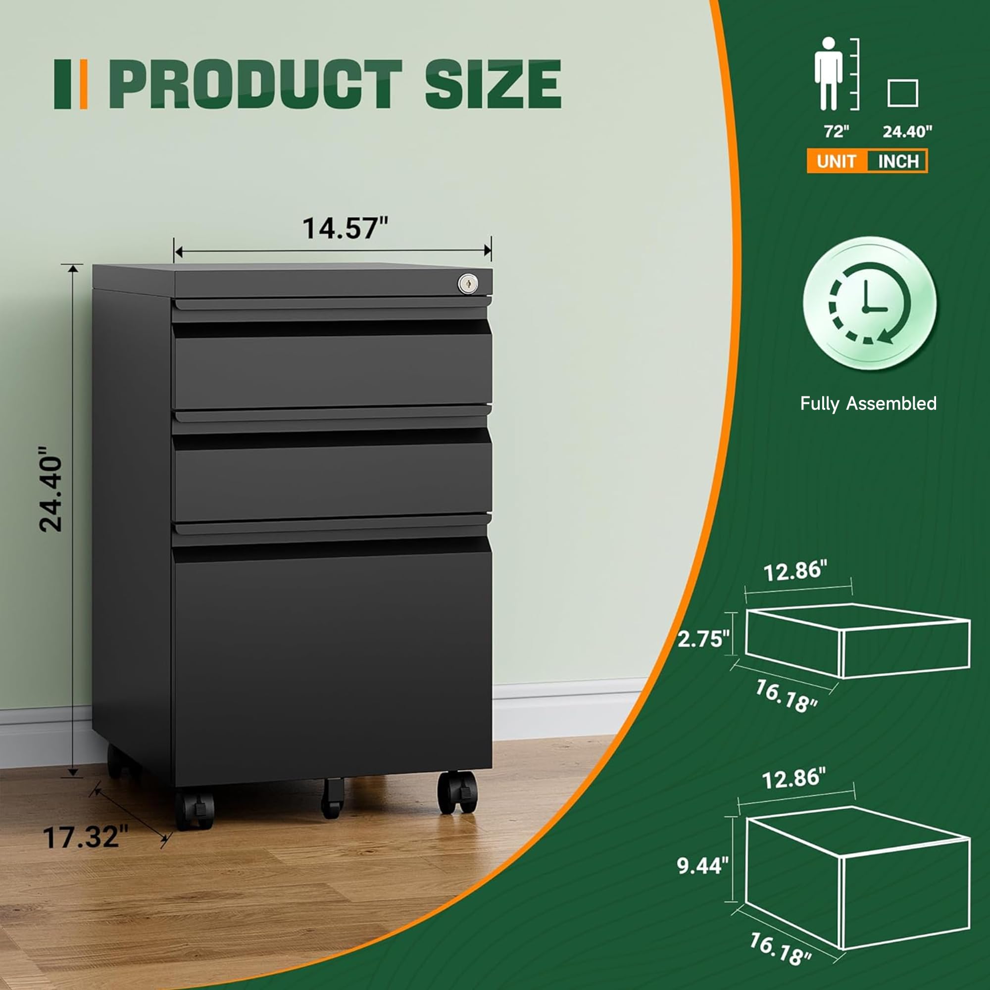 PRODUCT SIZE  
72" x 24.40"  
UNIT: INCH  

Fully Assembled  
14.57" x 24.40" x 17.32"  

Drawer Dimensions:  
16.18" x 12.86" x 2.75"  
16.18" x 12.86" x 9.44"