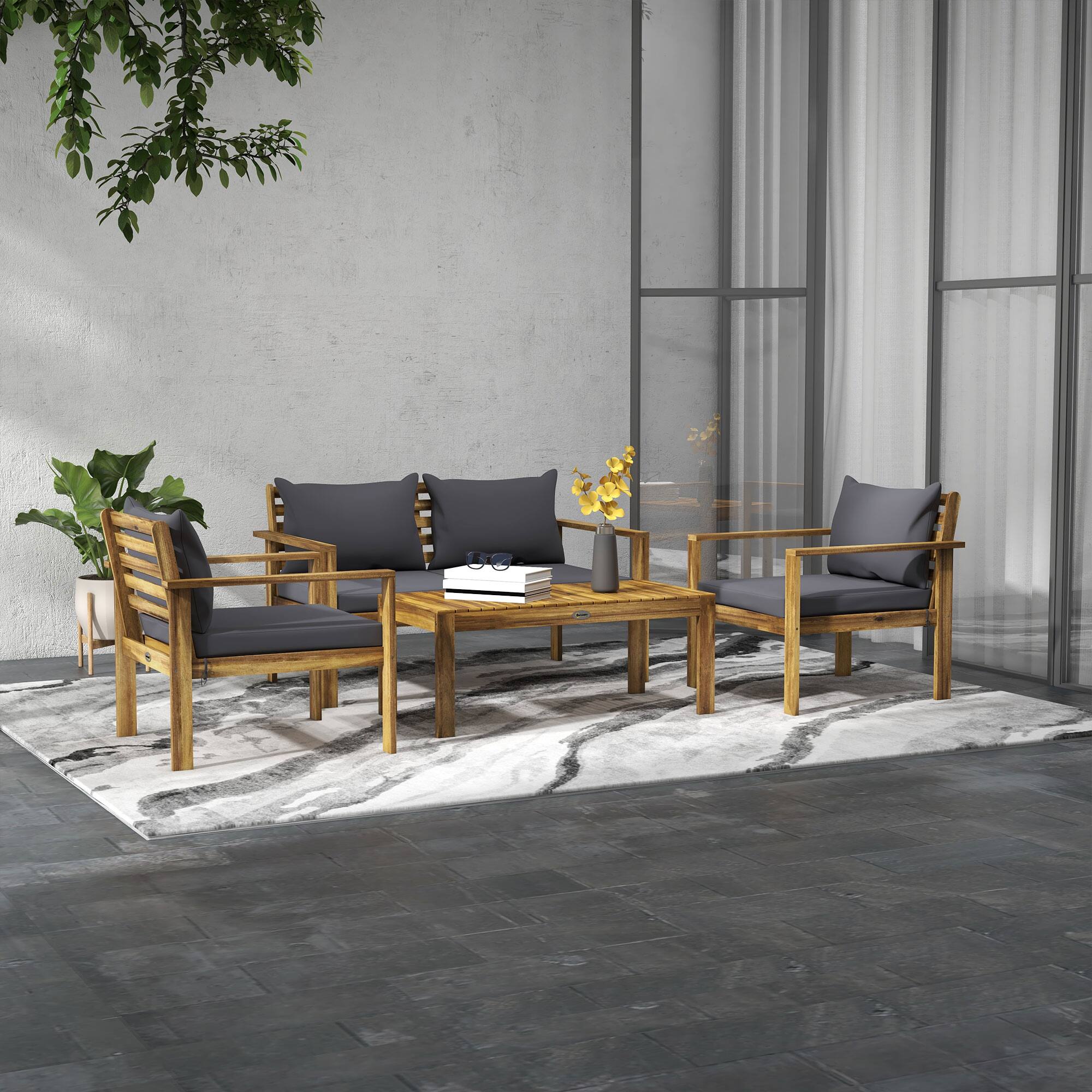 Alt View 1. Outsunny - Patio Furniture Set, 4 Piece Acacia Wood Conversation Set with a Sofa, Table & Chairs - Natural Wood.