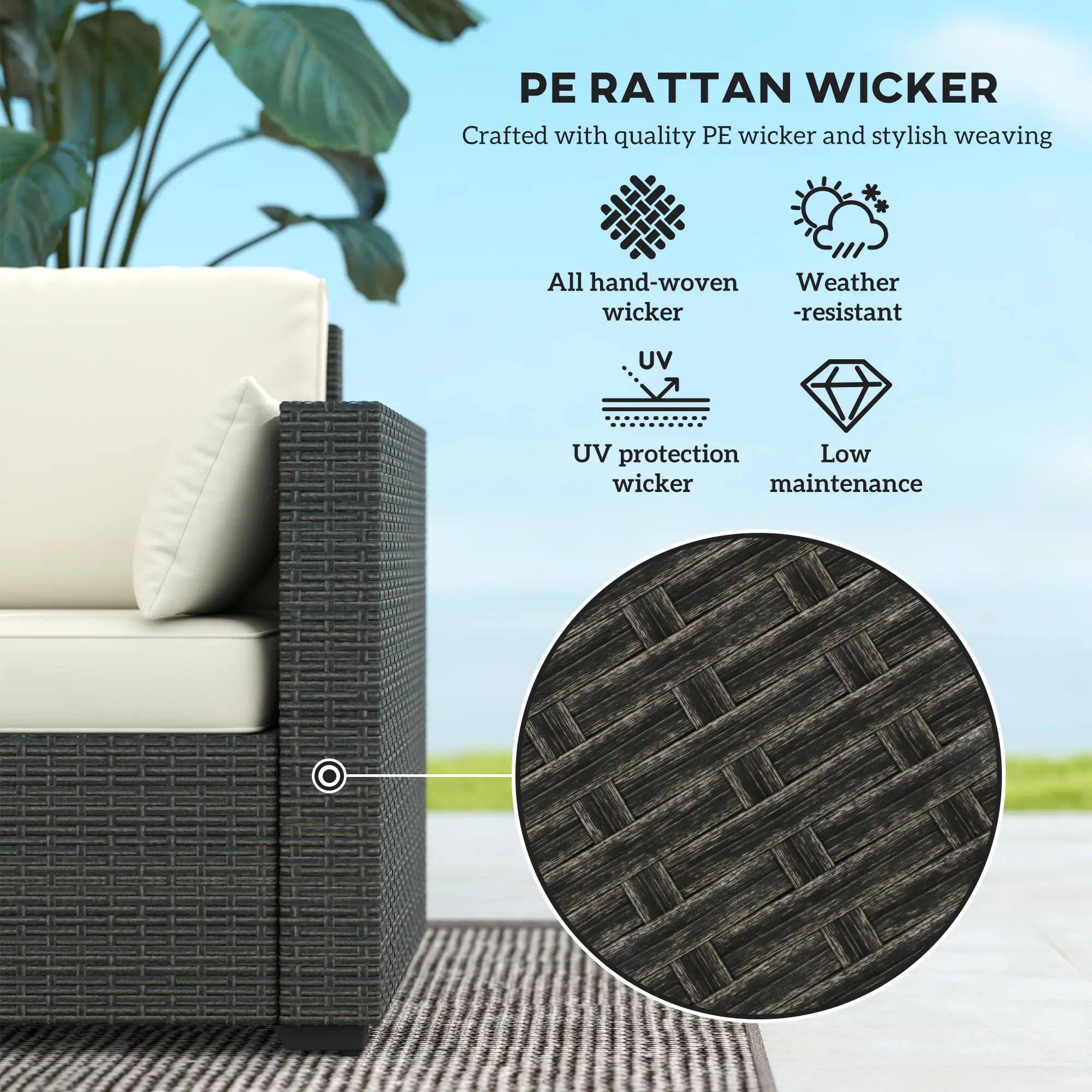 PE RATTAN WICKER Crafted with quality PE wicker and stylish weaving All hand-woven wicker Weather-resistant UV protection wicker Low maintenance