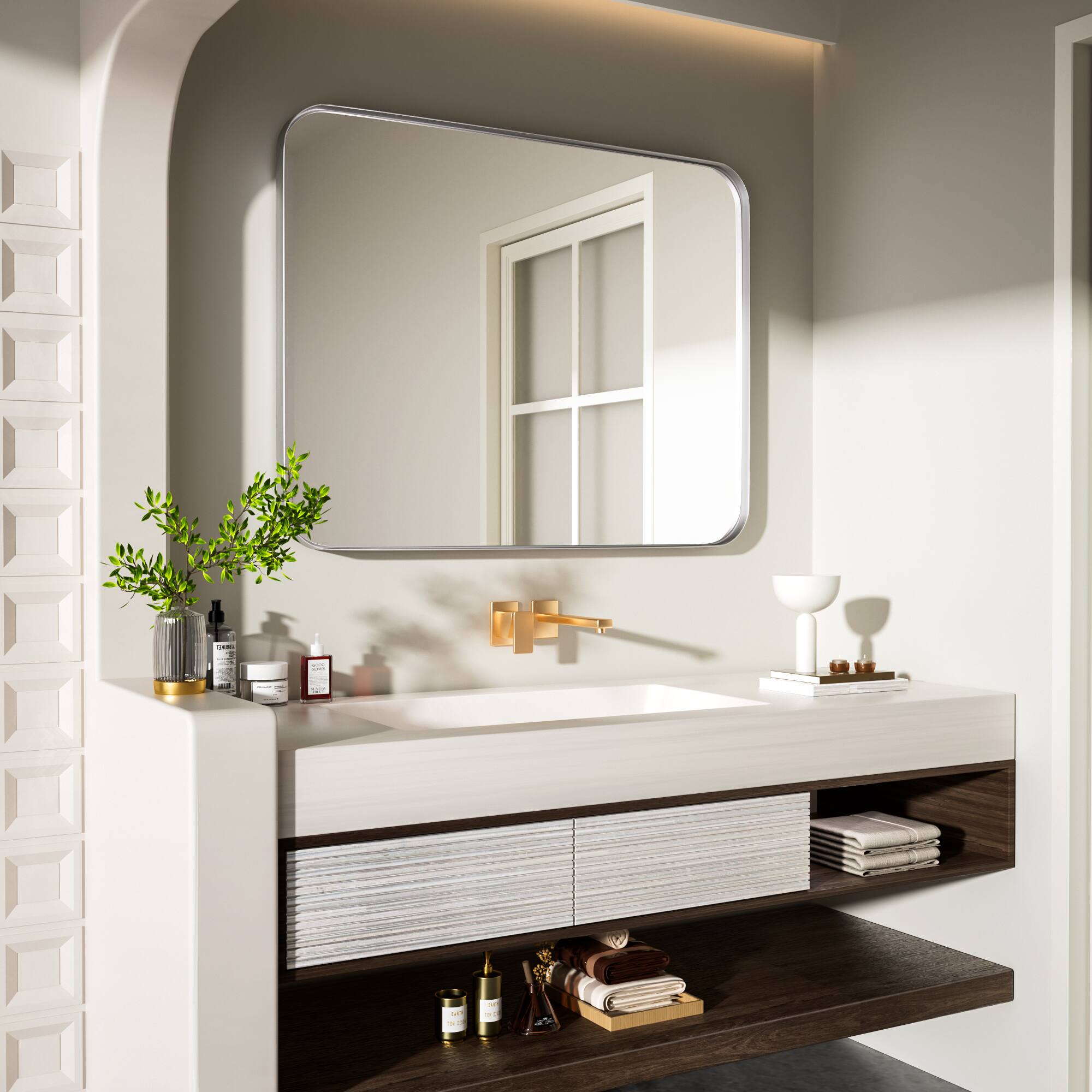 Left. LOVMOR - Tempered Glass Rounded Rectangle Framed Wall-Mounted Bathroom Vanity Mirror - 28" x 36" - Silver.