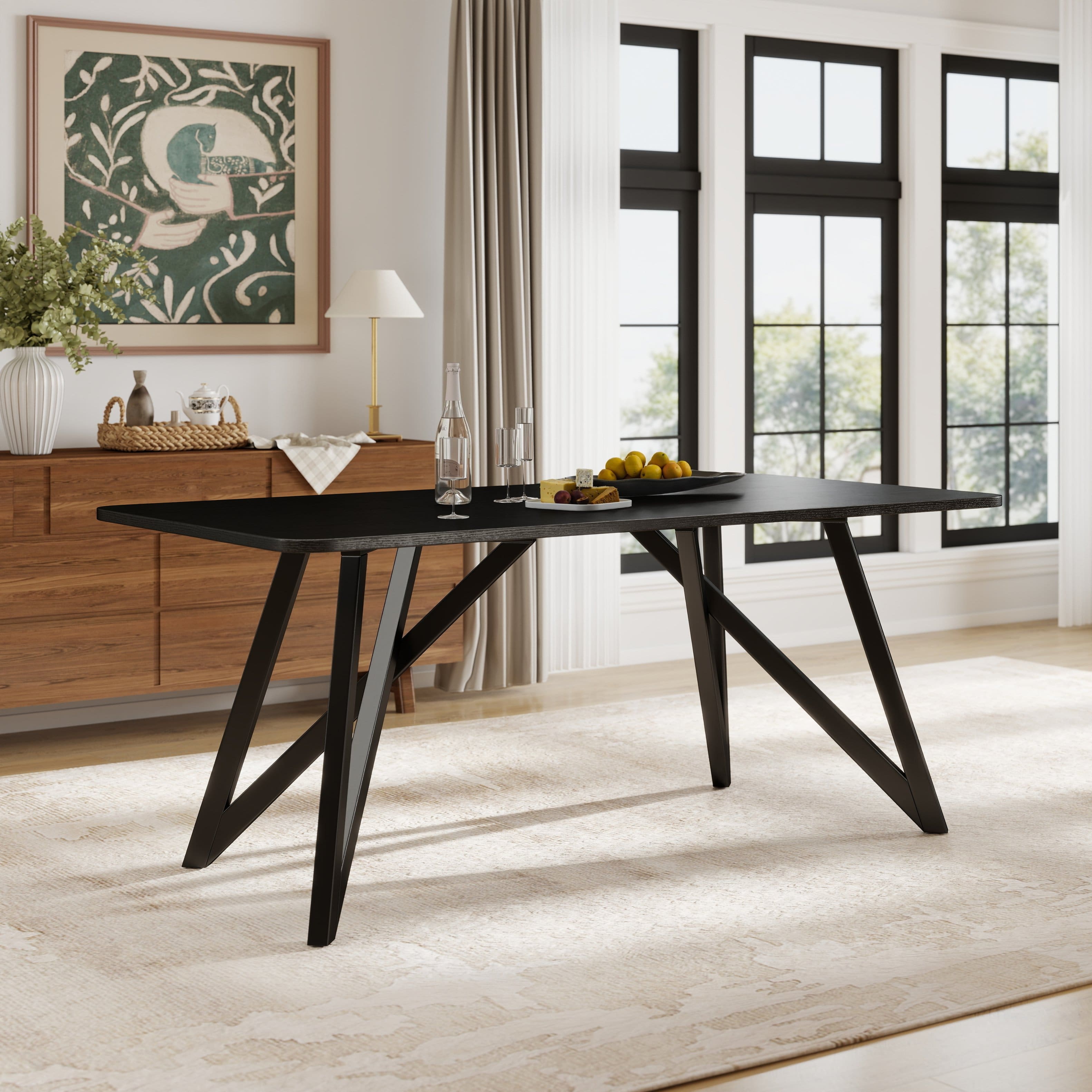 Loheer - 70-Inch Rectangular Dining Table with Tripod Cross Legs - Black