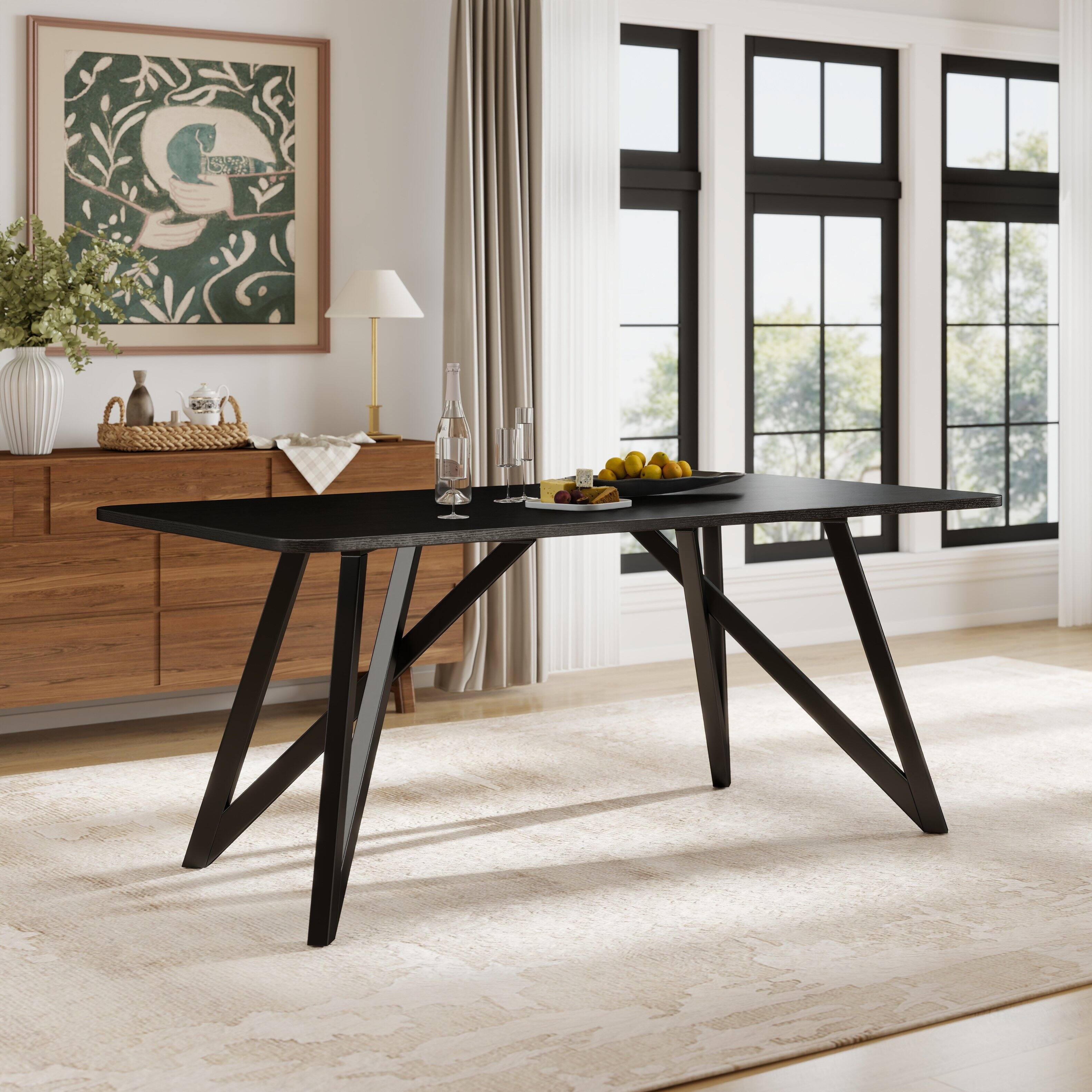 Front. Loheer - Loheer 70-Inch Black Rectangular Dining Table with Tripod Cross Legs - Black.