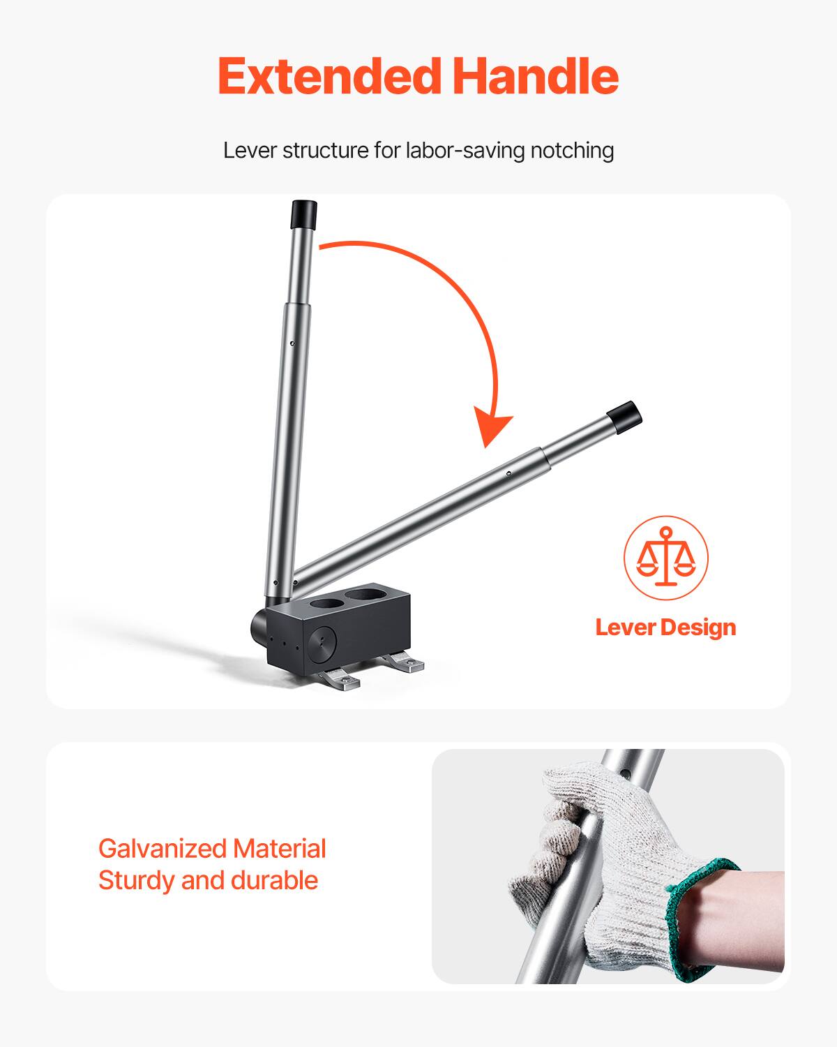 Extended Handle  
Lever structure for labor-saving notching  
Lever Design  
Galvanized Material Sturdy and durable