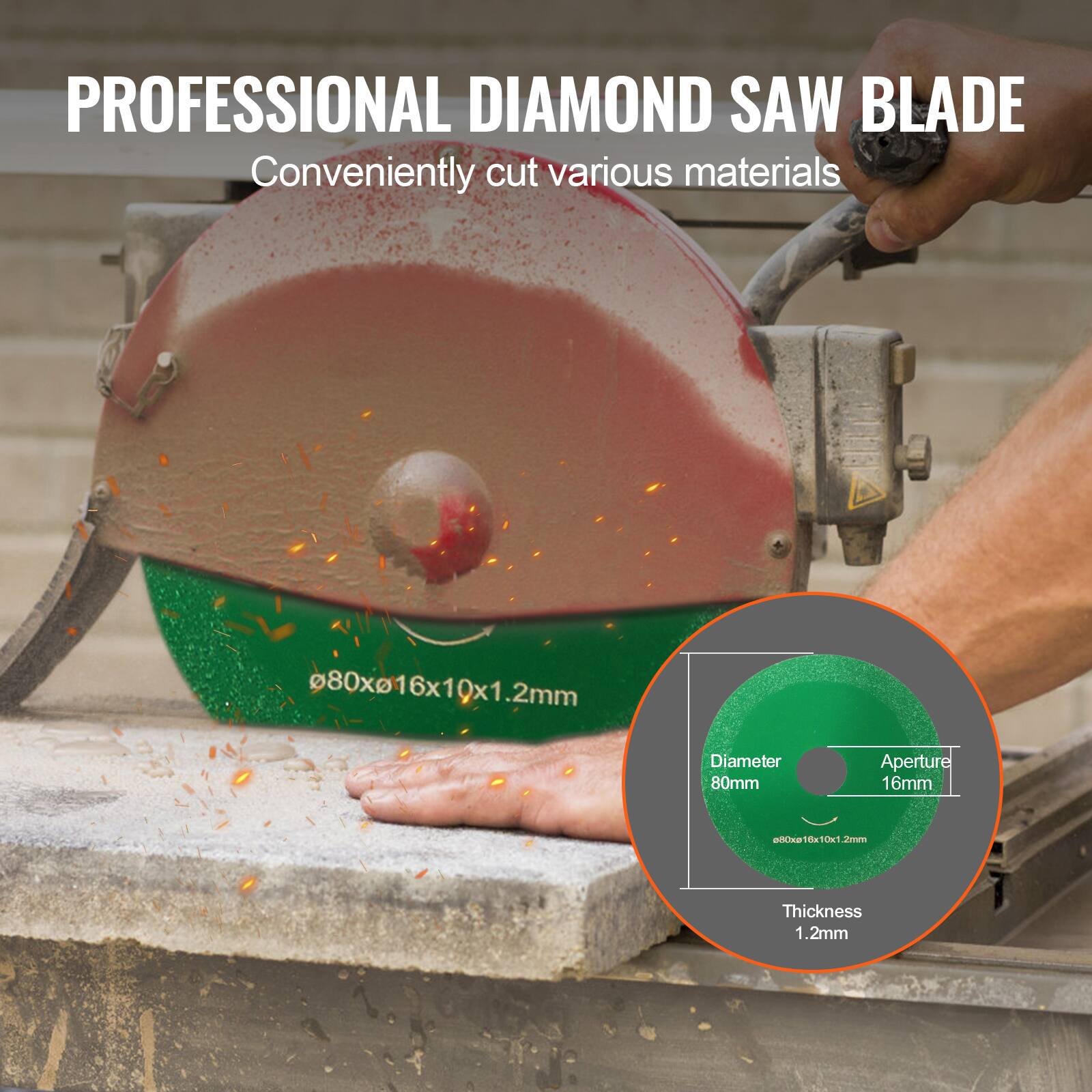 PROFESSIONAL DIAMOND SAW BLADE  
Conveniently cut various materials  

80x016x10x1.2mm  

Diameter: 80mm  
Aperture: 16mm  
Thickness: 1.2mm