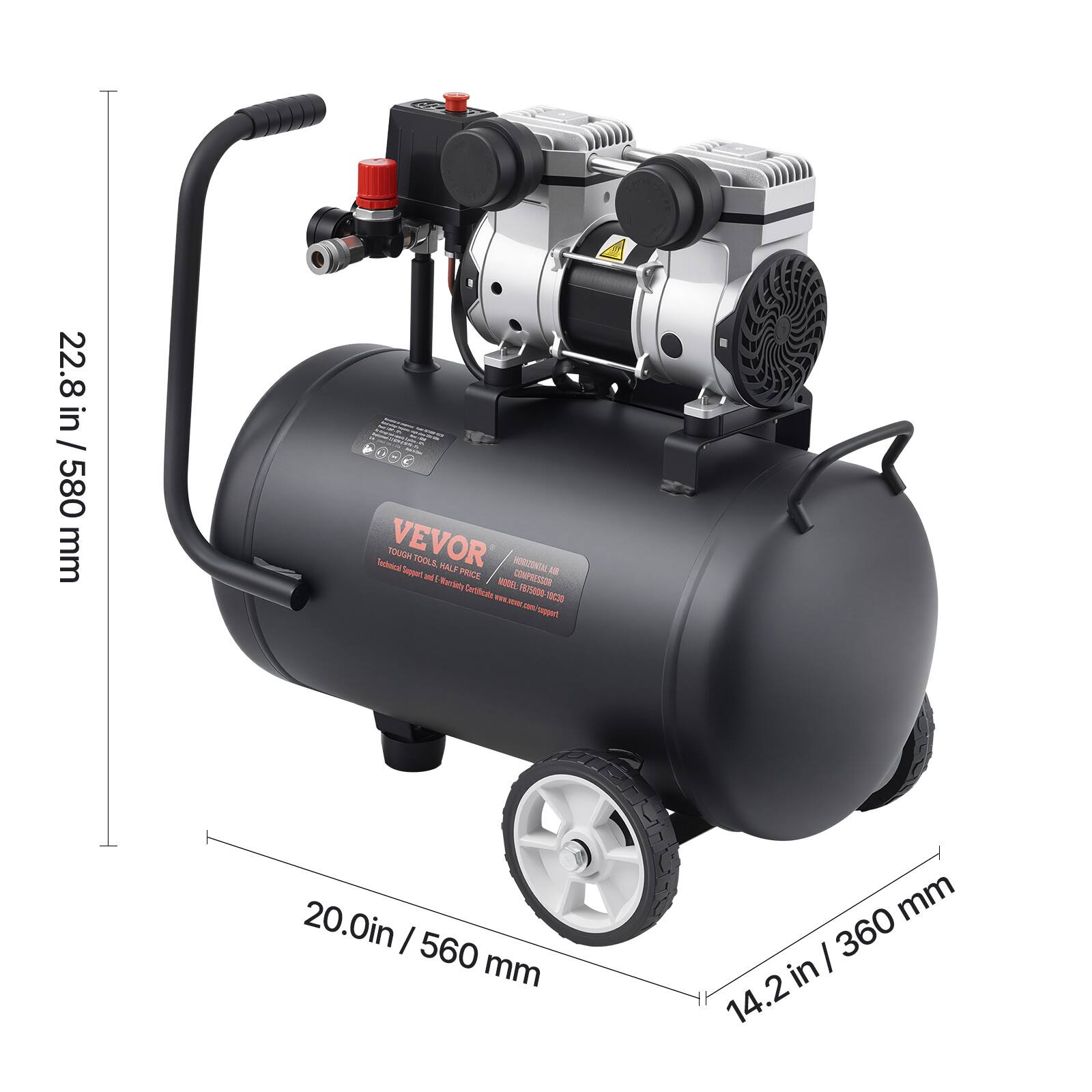 22.8 in / 580 mm  
20.0 in / 560 mm  
14.2 in / 360 mm  

Technical VEVOR TOUGH Support TOOLS, Diet HALF PRICE COMPRESSOR HORIZONTAL Waraisty Certificate MODEL FB75000 10C30 can support