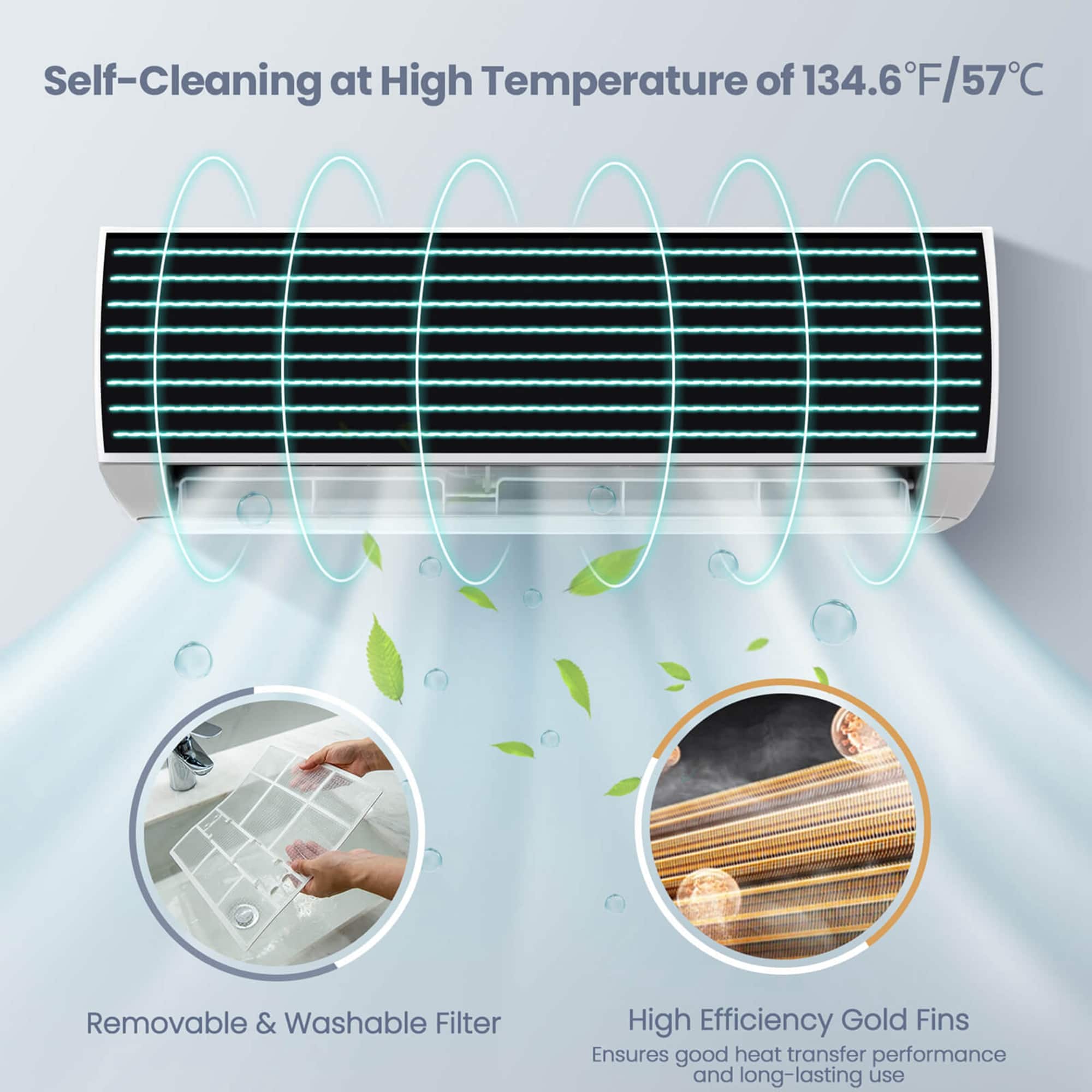 Self-Cleaning at High Temperature of 134.6F/57C
134.6 Removable & Washable Filter
High Efficiency Gold Fins
Ensures good heat transfer performance and long-lasting use.