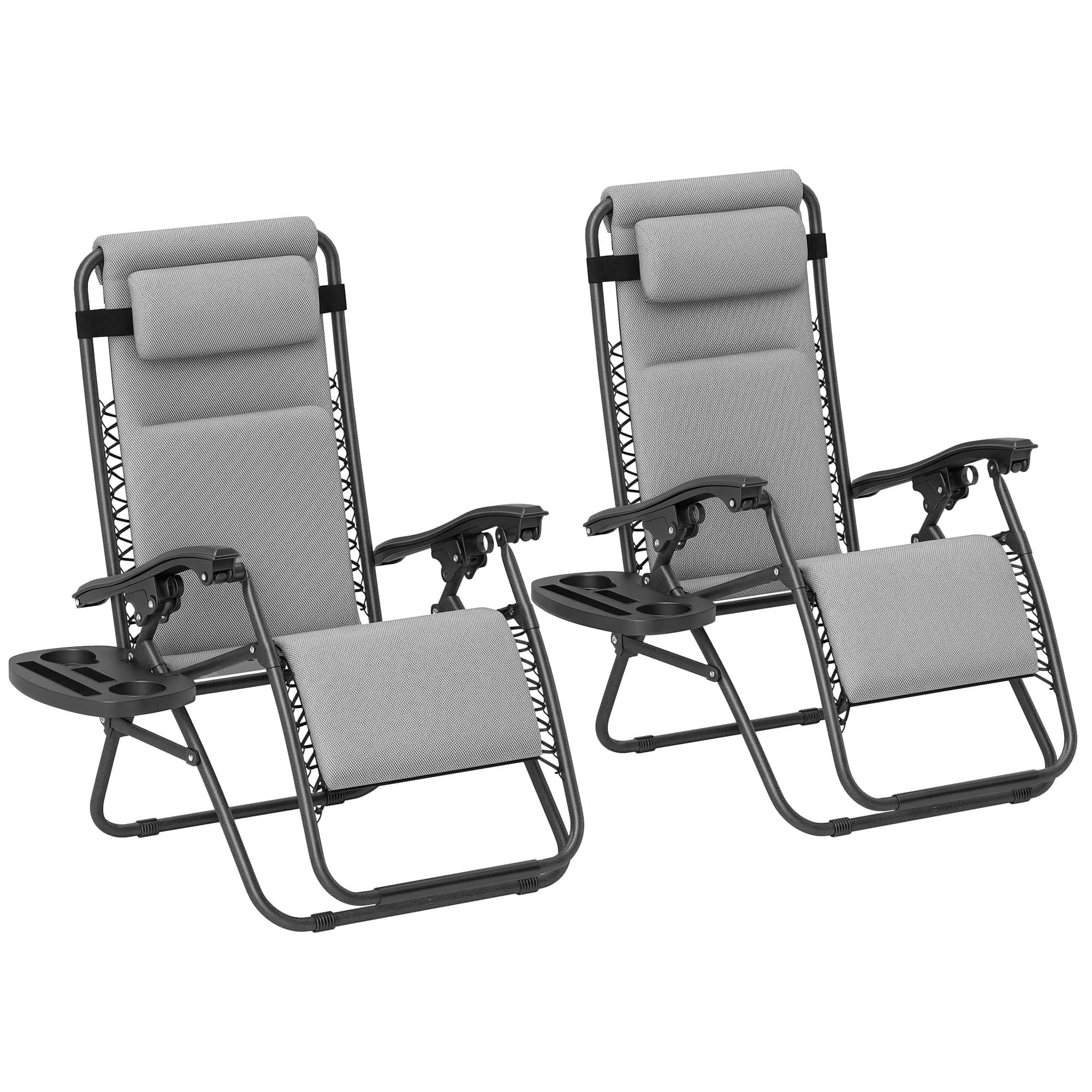 Outsunny - Gravity Lounge Chair Set, 2 Pieces Reclining Folding Outdoor Lounge Chairs with Headrest Side Tray - Light Gray