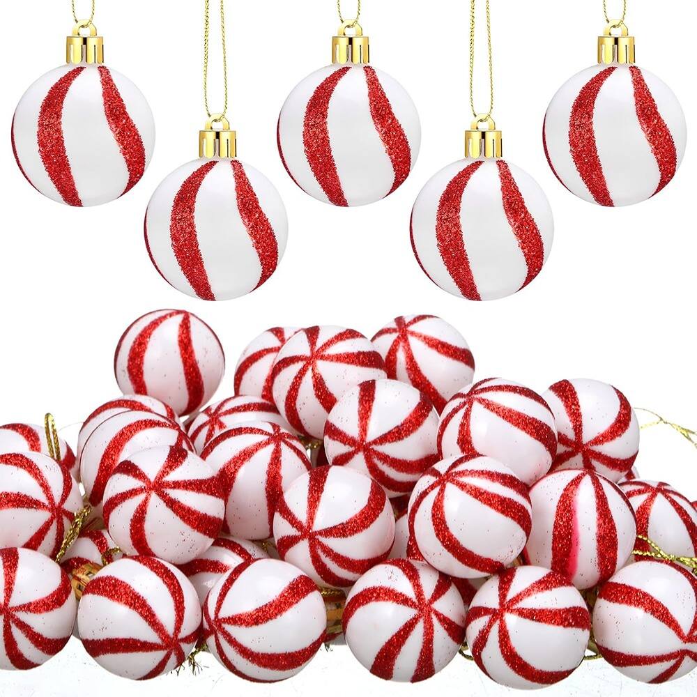 Angle. PARKER SLATER - 60-Pc Mini Red & White Christmas Ball Ornaments – Candy Cane Tree Decor - Red + White.
