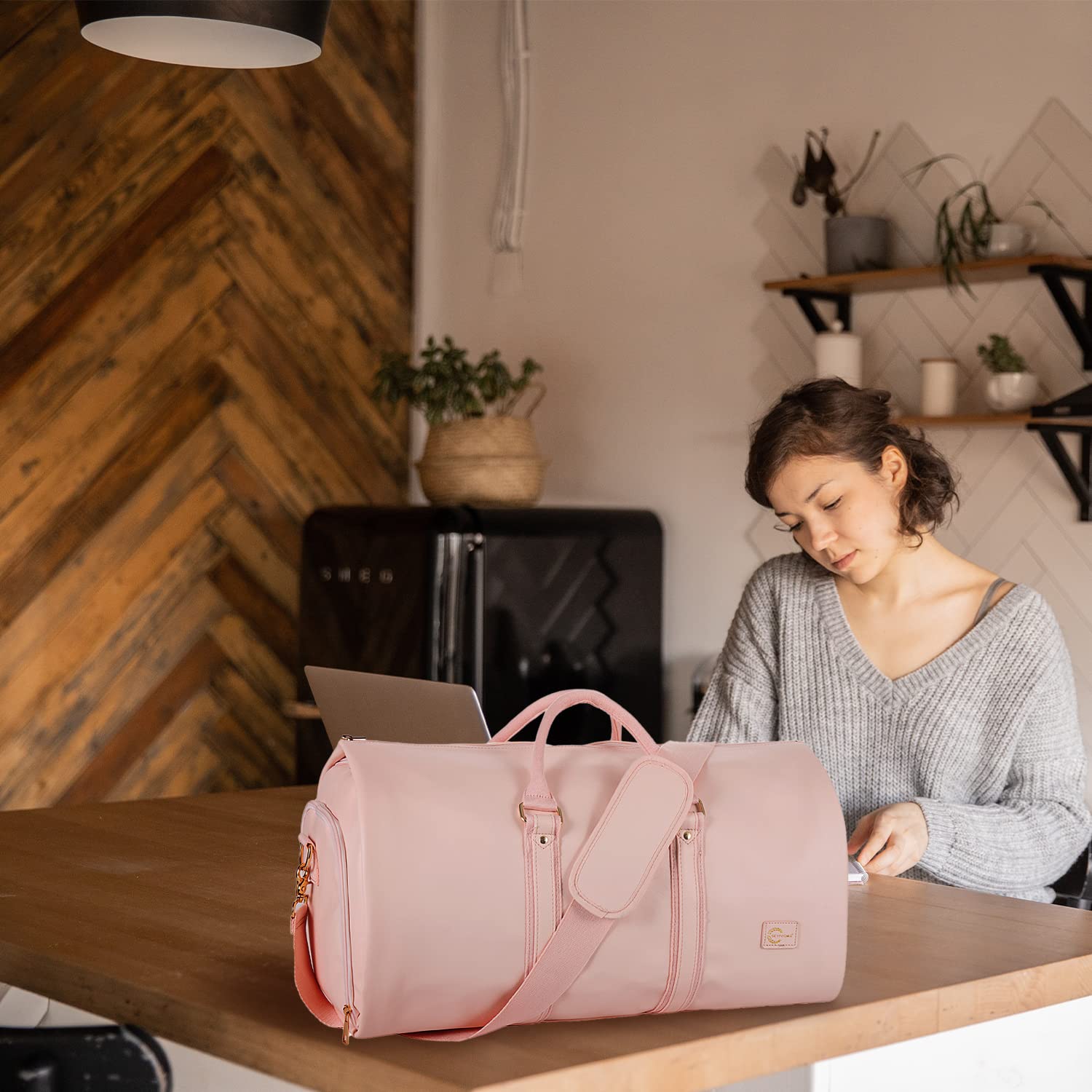 Alt View 7. Paradigms Interiors - Convertible Carry On Garment Bag For Women Leather Bags Travel With Shoe Pouch 1 Hanging Suitcase Suit Duff... - A1-Pink.