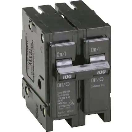 THE VELTO
TO.
THE Bak
STRIE
On/1 100 Off/O Type BR2100 C2100 120 240 VAC Cu/Al HACR Type UL LISTED Cir Bkr 2 Pole J-970 E7819-T-991221 LR43556
On/l 100 Off/O Common Trip