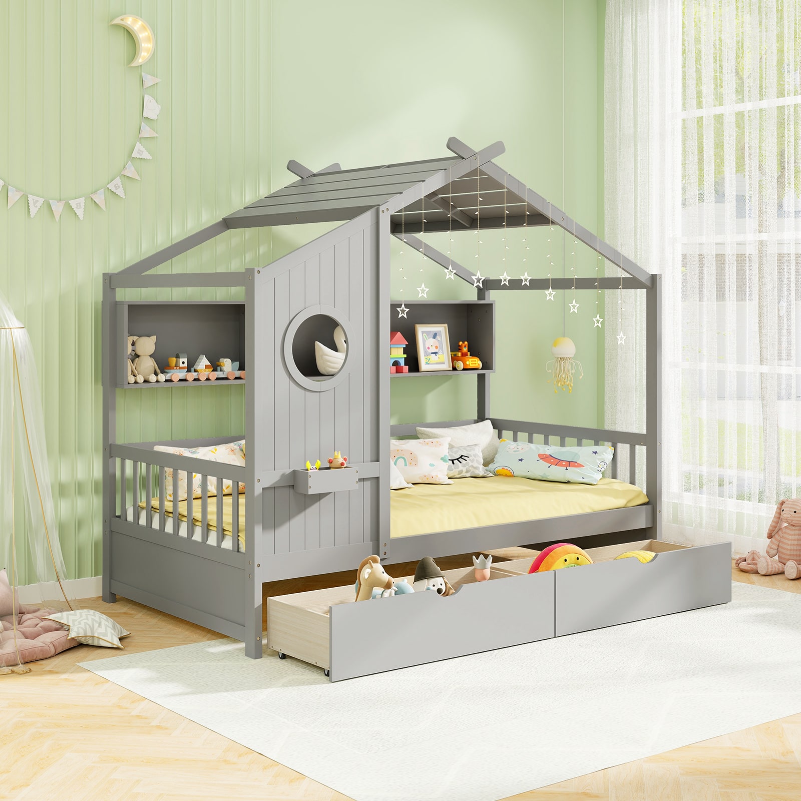 Gymax - Twin Size House Bed Kids Bed Frame w/ 2 Storage Drawers & Fence Guardrails - Gray