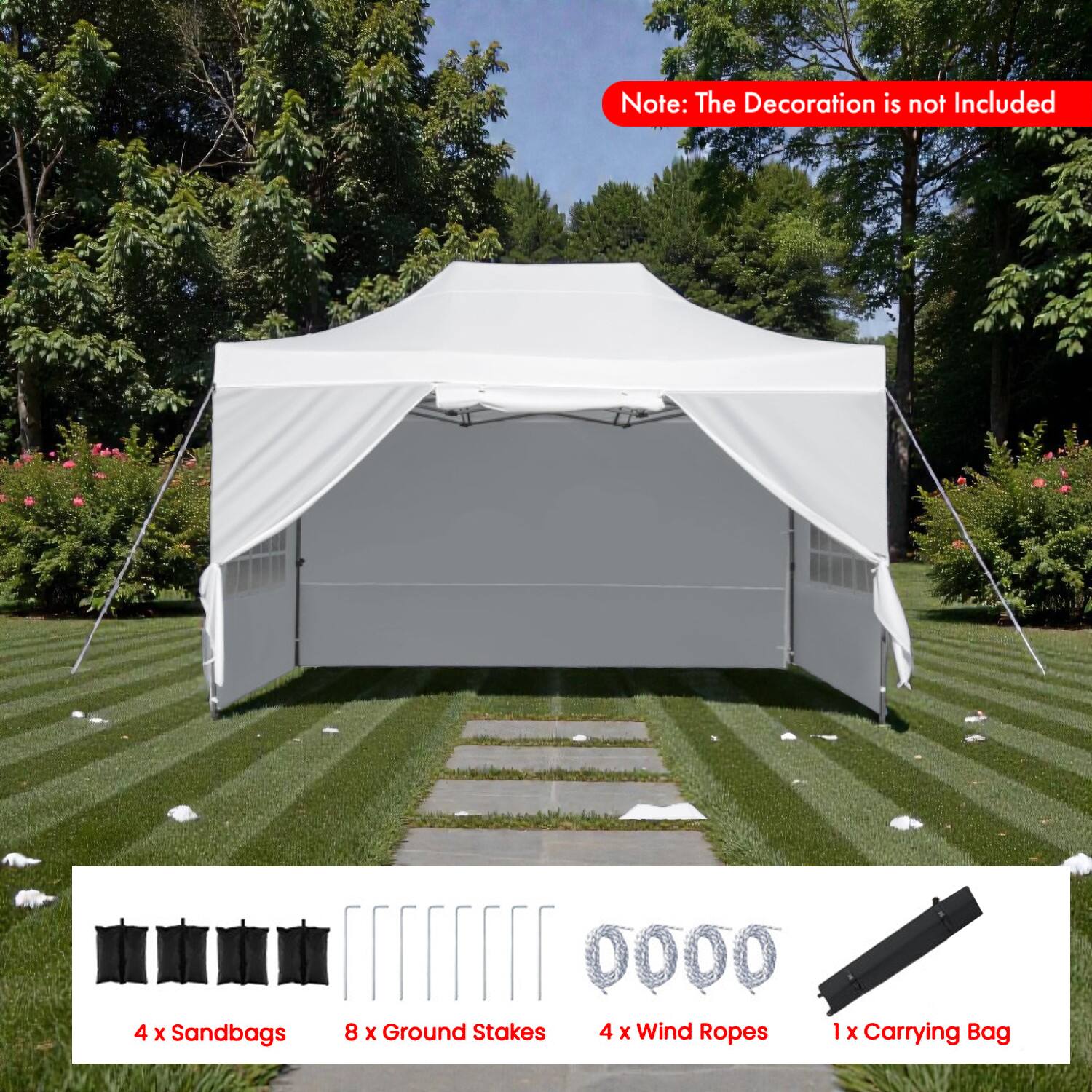 Note: The Decoration is not Included

4 x Sandbags  
8 x Ground Stakes  
4 x Wind Ropes  
1 x Carrying Bag