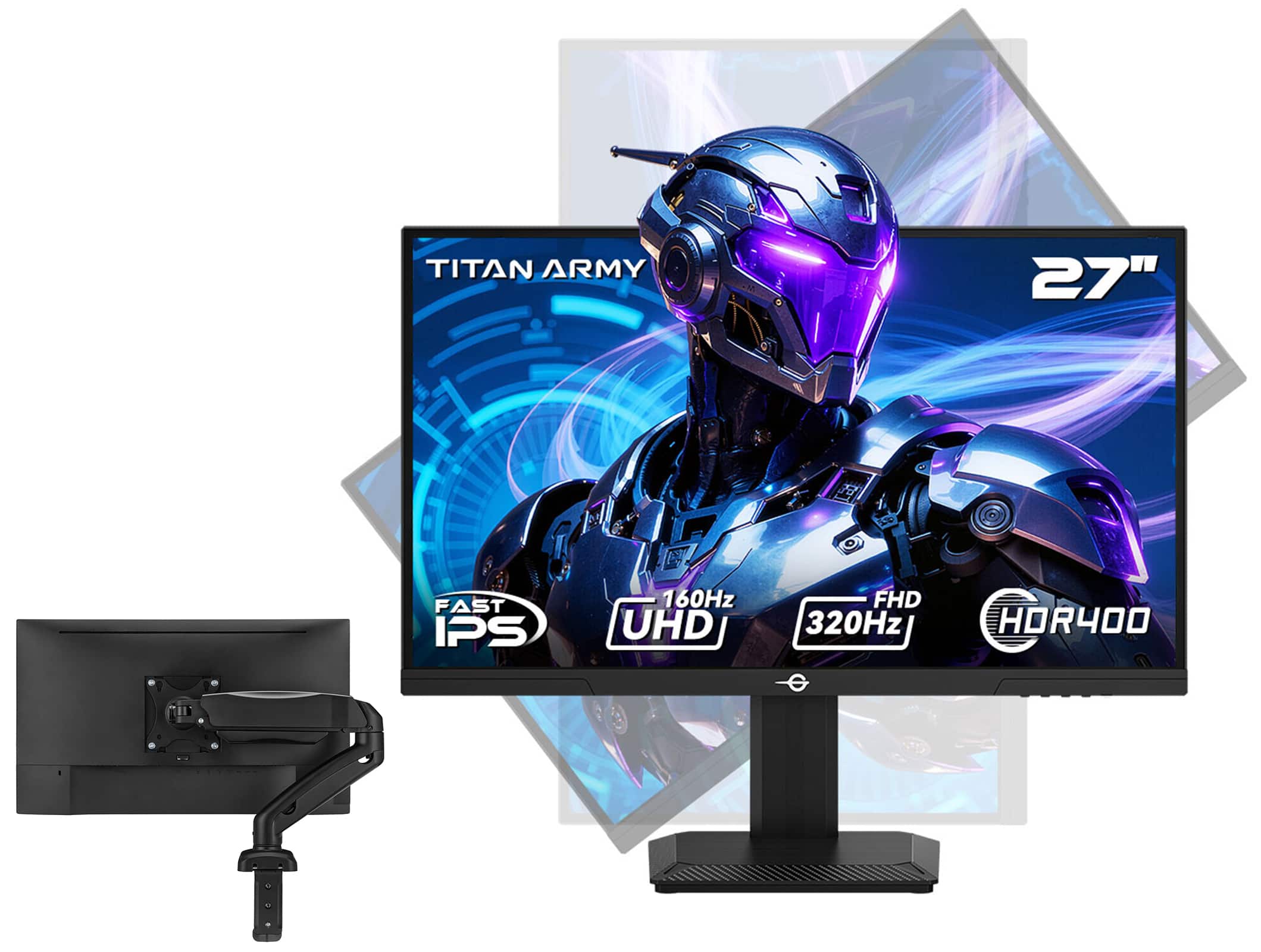 Titan-army - P2712V 27" Dual Mode Gaming Monitor & Single Monitor Arm-4K 160Hz/FHD 320Hz, Fast IPS, 95% DCI-P3, HDR400, Adaptive Sync - Black