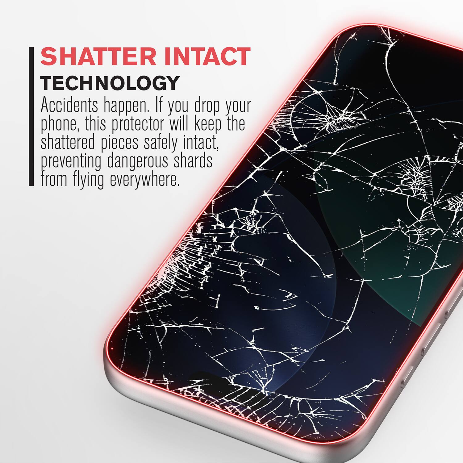 SHATTER INTACT TECHNOLOGY  
Accidents happen. If you drop your phone, this protector will keep the shattered pieces safely intact, preventing dangerous shards from flying everywhere.