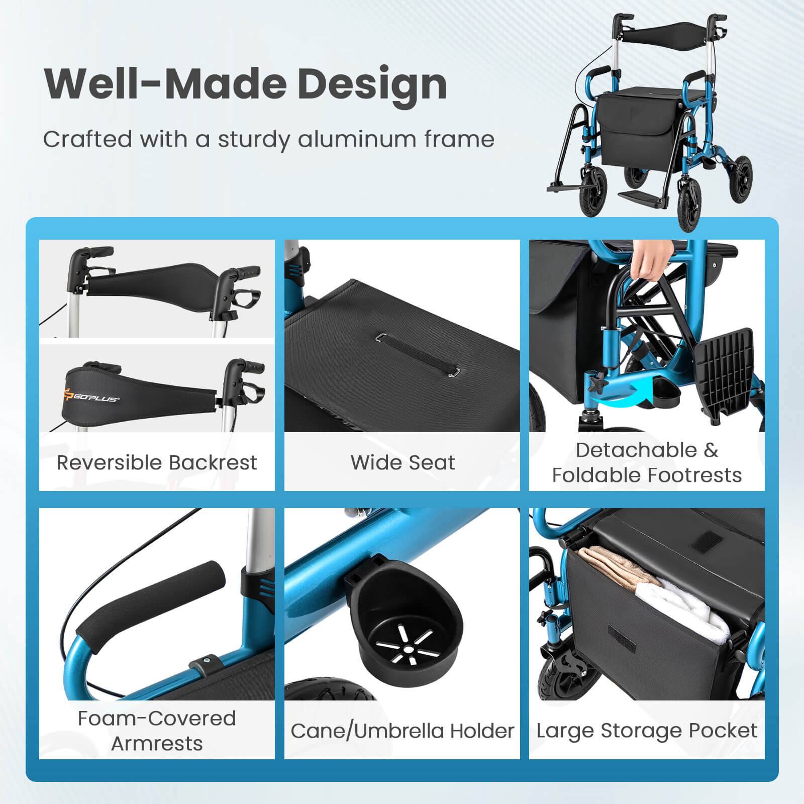 Well-Made Design
Crafted with a sturdy aluminum frame

Reversible Backrest
Wide Seat
Detachable & Foldable Footrests
Foam-Covered Armrests
Cane/Umbrella Holder
Large Storage Pocket
