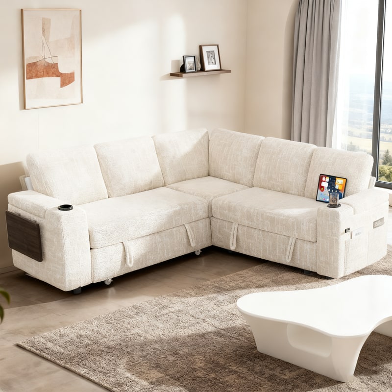 Vipbear - 85" Modular Sectional Sofa with Pull Out Bed,Chenille Fabric 5 Seat Sectional Sleeper Sofa with Storage,for Living Room - Beige