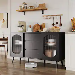 Acekool - Buffet Cabinet with Storage, Sideboard with Fluted Glass Sliding Doors & Drawers - Black