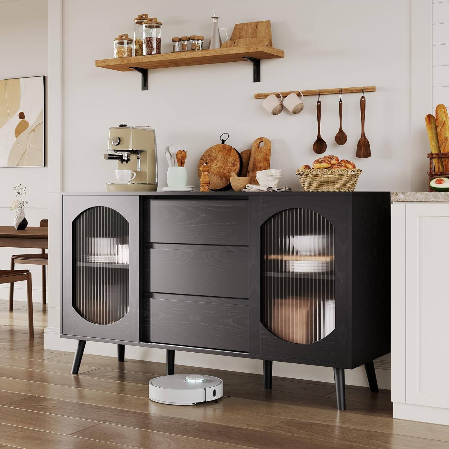 Front. Acekool - Buffet Cabinet with Storage, Black Sideboard with Fluted Glass Sliding Doors & Drawers, Black - Black.