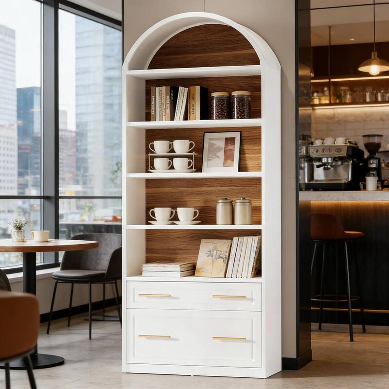 Alt View 4. HTUTWOO - 5-Tier Arched Bookshelf, Sturdy with Drawers, Ample Storage Anti-Tip for Living Room Home Office Bedroom - White.