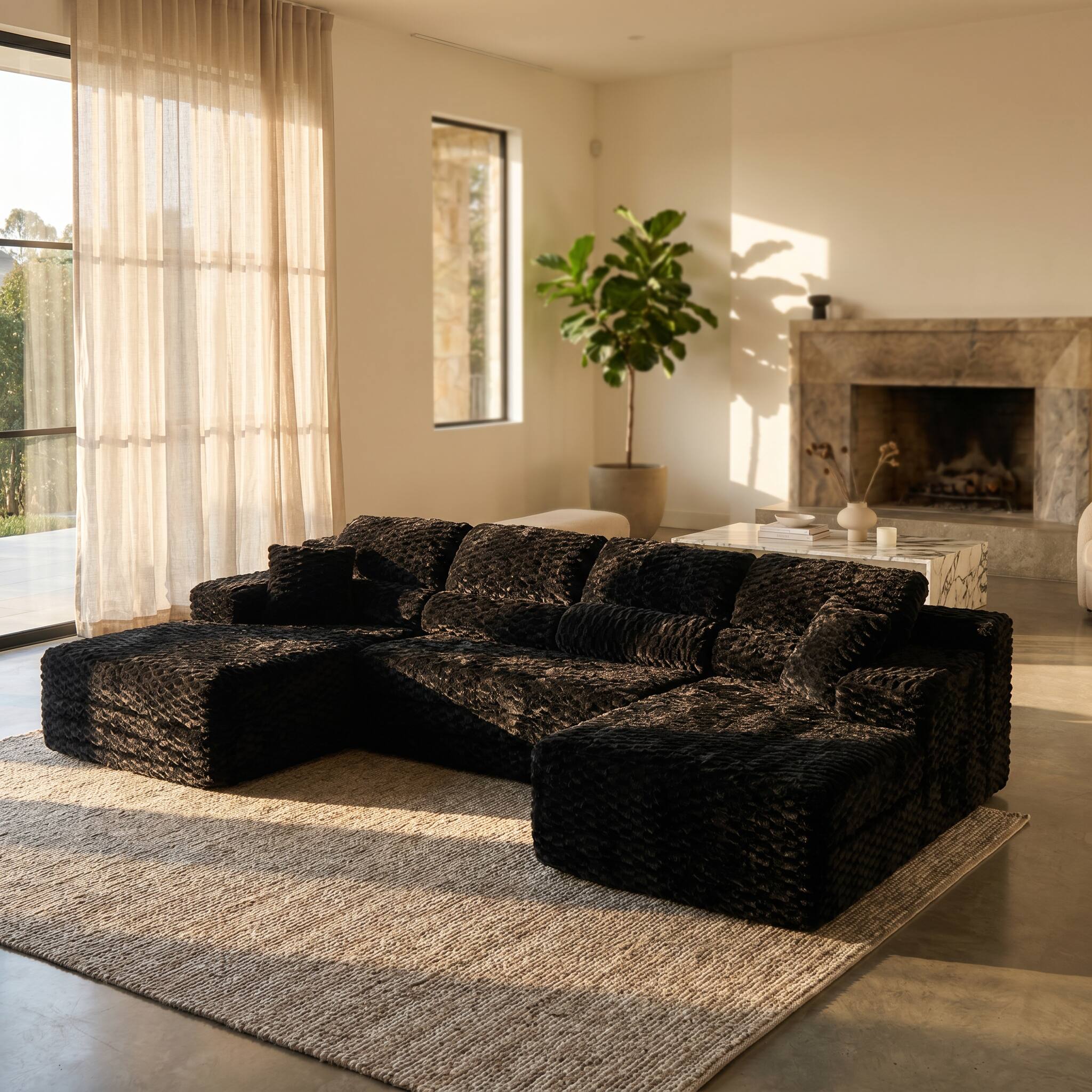 Alt View 4. Famapy - 135" Width Compressed Sectional Sofa No Assembly High-Density Foam, Pet-Friendly 3-Color Choice for Living Room - Black.