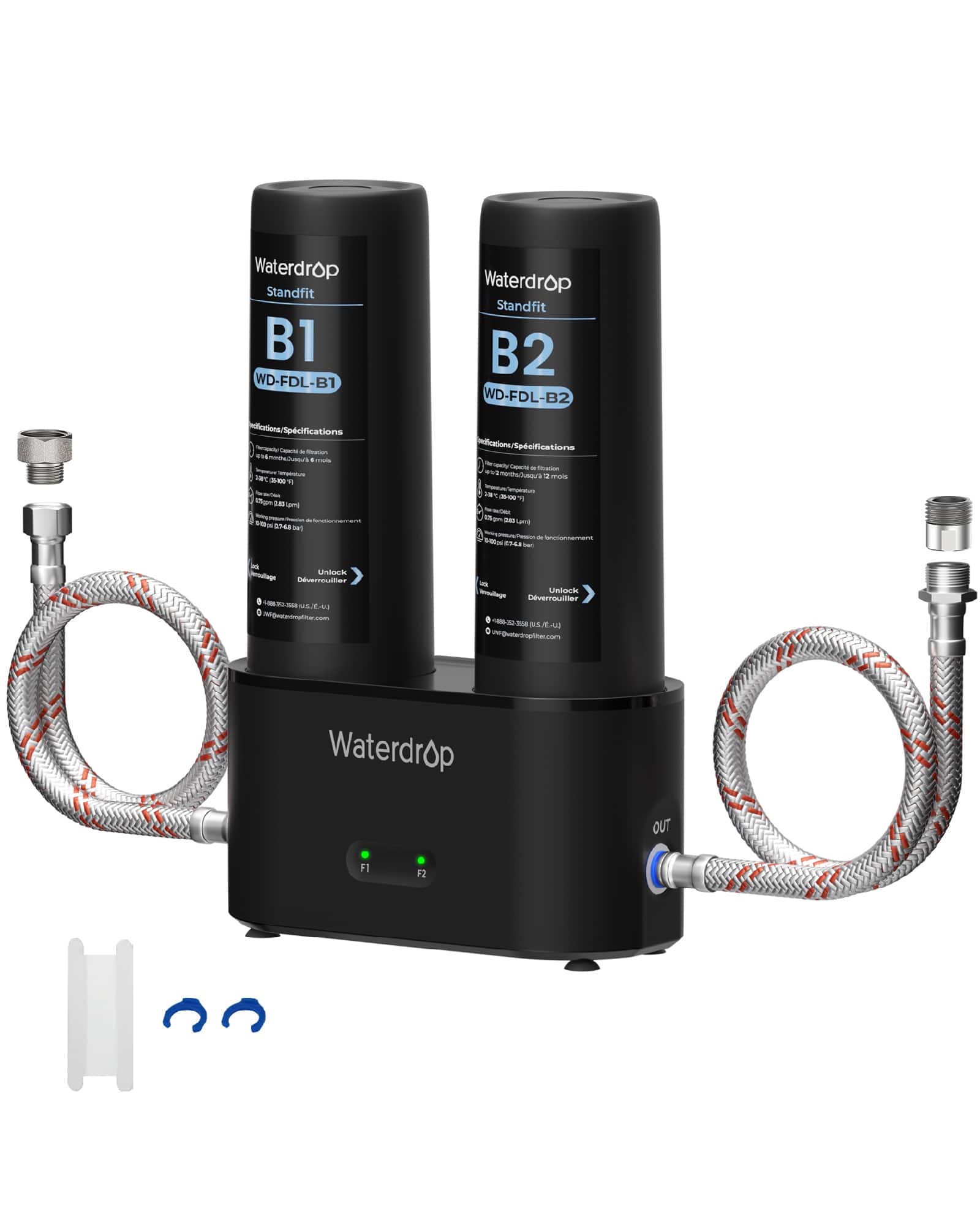 Waterdrop Standfit B1 WD-FDL-B1  
Specifications  
- Capacity: 10 liters  
- Operating Temperature: 0°C to 40°C  
- Dimensions: 250mm x 150mm x 150mm  
- Weight: 1.5 kg (3.3 lbs)  

Waterdrop Standfit B2 WD-FDL-B2  
Specifications  
- Capacity: 10 liters  
- Operating Temperature: 0°C to 40°C  
- Dimensions: 250mm x 150mm x 150mm  
- Weight: 1.5 kg (3.3 lbs)  

Unlock  
Dériveur  
www.waterdrop.com
