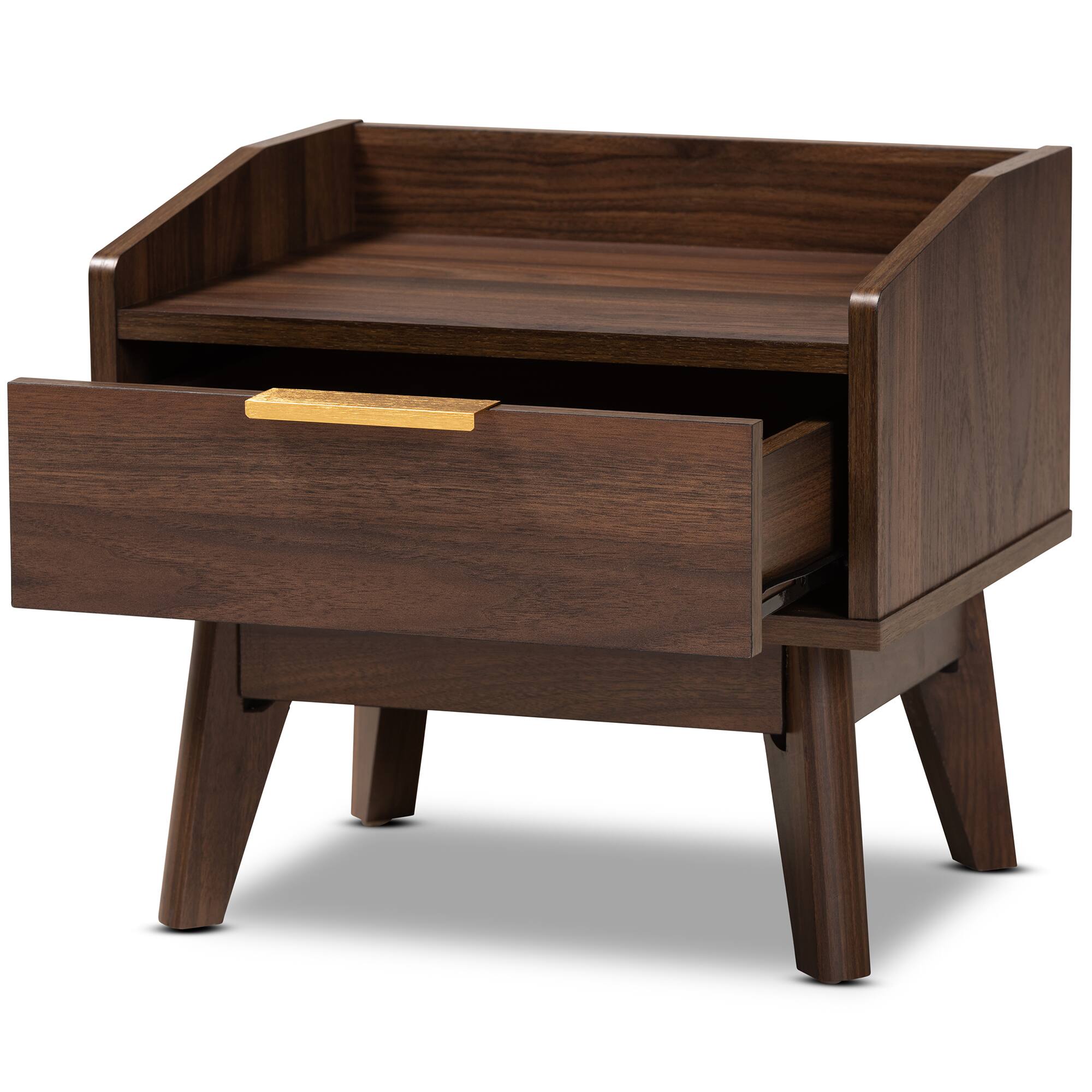 Angle. Baxton Studio - Lena Mid-Century Modern Finished 1-Drawer Wood Nightstand - Walnut.