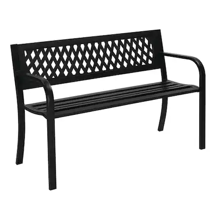 Front. Winado - 47in Garden Patio Bench Iron Frame PVC Mesh Backrest Slatted Seat 2-Person for Front Porch Outdoor Entryway Furniture - Black.