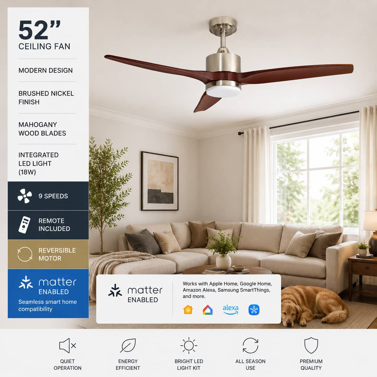Photos - Fan Smart ENLIGHT - 52" DC Ceiling with CCT Dimmable LED Light, 3 Blades, Energy Efficient, Quiet Operation, Indoor Rated