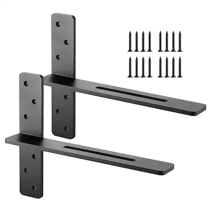 Front. VEVOR - T Shelf Brackets 2 Pcs,200 lbs/90 kg Weight Capacity,16x2.89x12 in / 406.4x73.5x304.8 mm,Solid Steel Heavy Duty Brackets - Black.