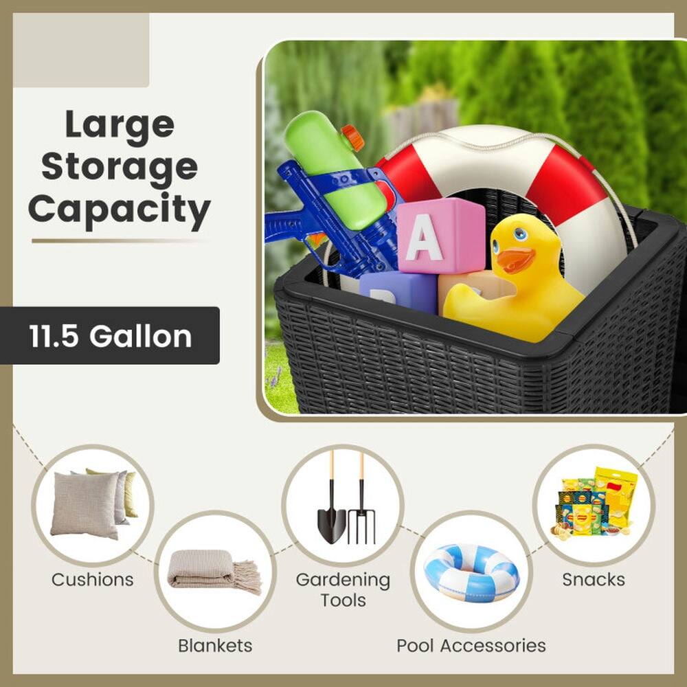Large Storage Capacity  
11.5 Gallon  

- Cushions  
- Gardening Tools  
- Snacks  
- Blankets  
- Pool Accessories