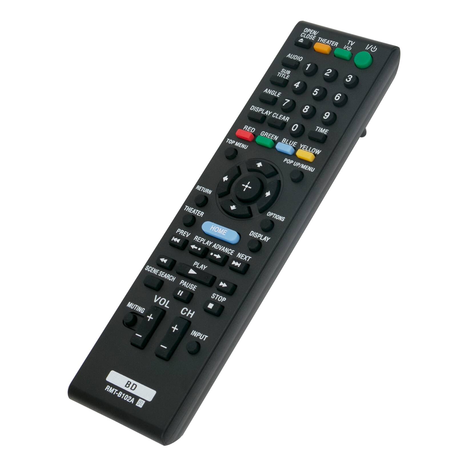 OPEN!  
CLOSE THEATER  
TV AUDIO 1 SUB 2 TITLE 3 4 ANGLE 5 6 7 DISPLAY 8 CLEAR 9 RED o TIME GREEN TOP BLUE MENU YELLOW POP UP/MENU RETURN THEATER OPTIONS PREV HOME 4 REPLAY DISPLAY ADVANCE NEXT PLAY A SCENE SEARCH SCENE PAUSE " VOL STOP MUTING CH + + INPUT - V/O BD RMT-8102A