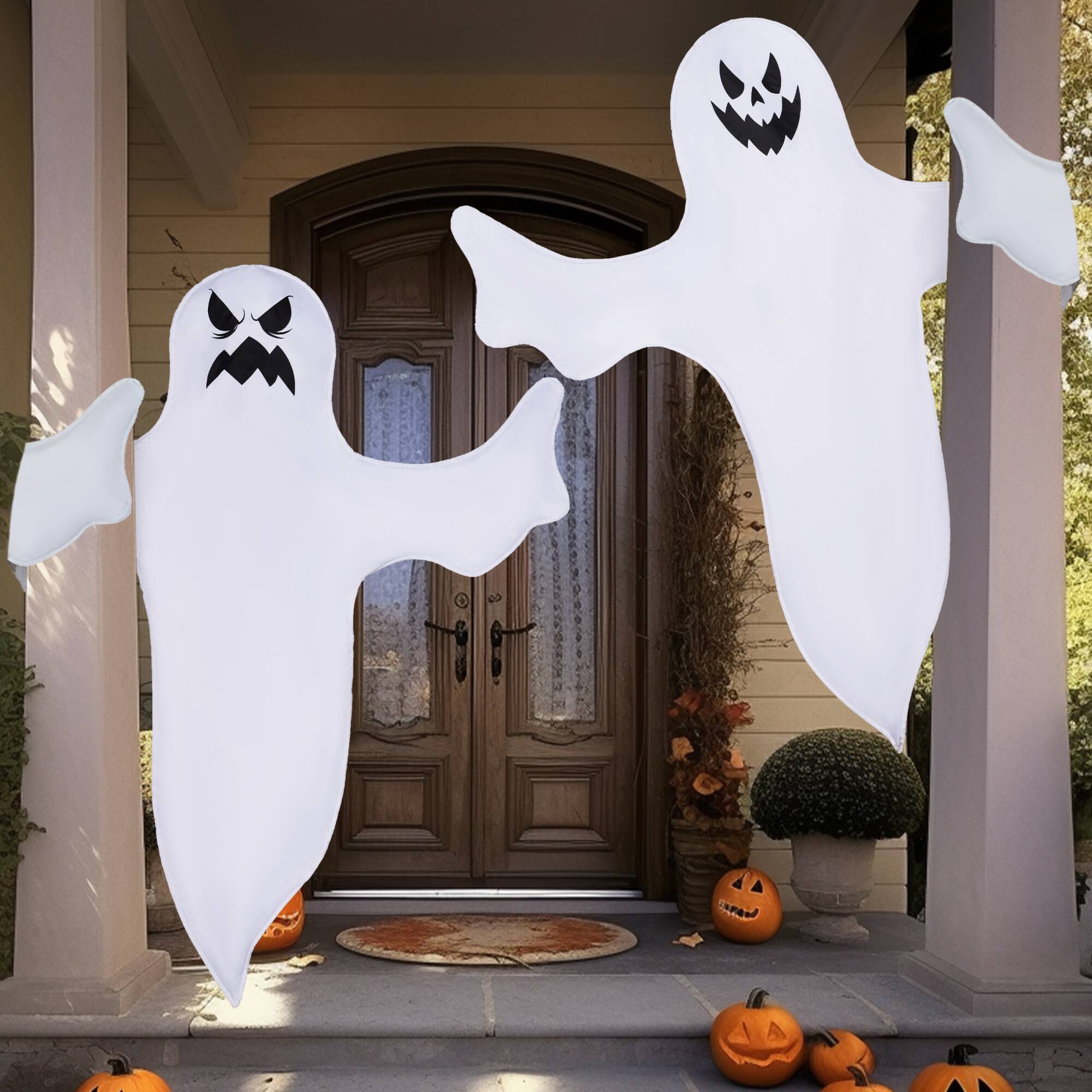 Left. Joyfy - 2Pcs 47" Light-Up Ghost Decorations for Halloween Warm LED Ghosts for Tree Wrap, Yard, Porch, Patio & Haunted House Prop - white.