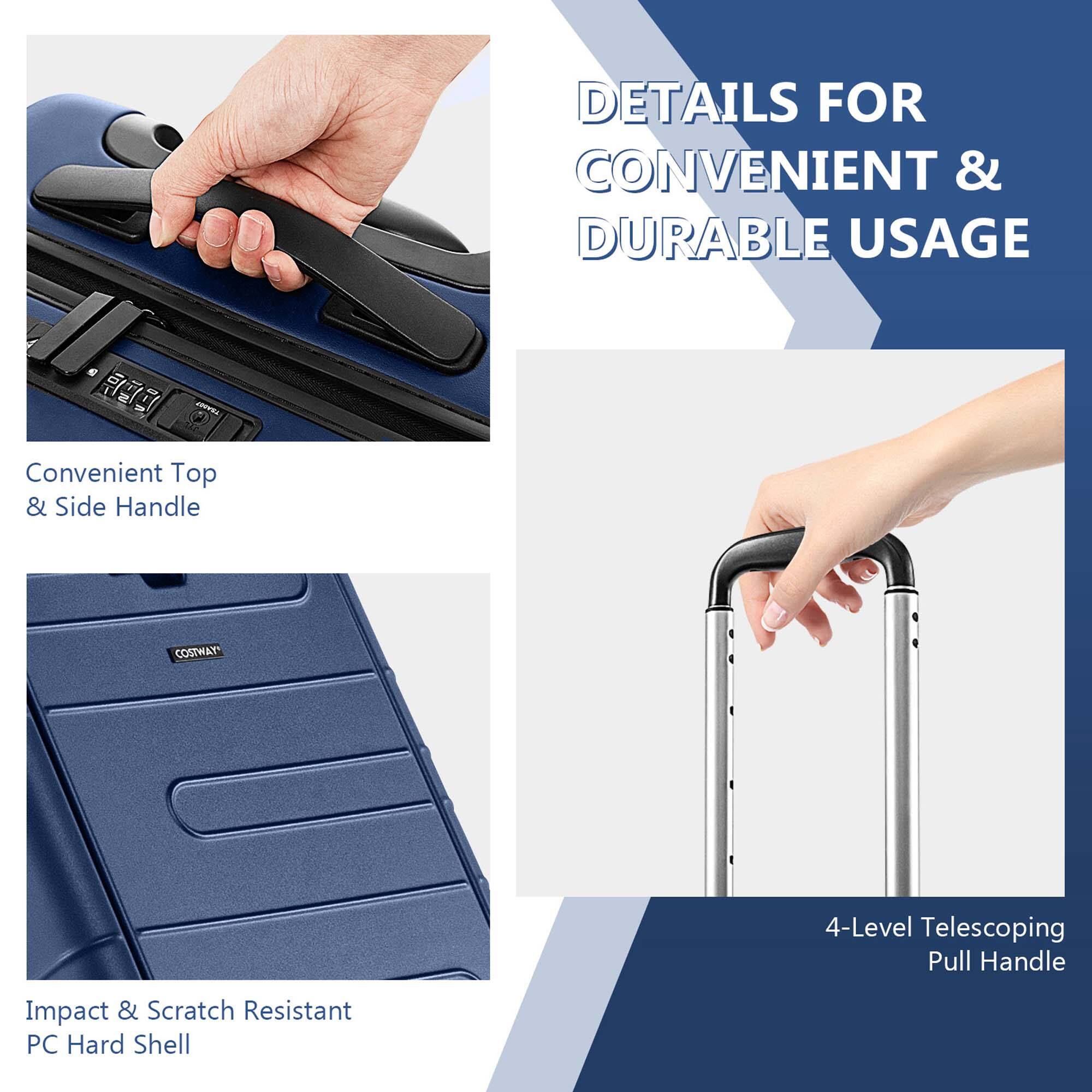 Details for Convenient & Durable Usage:

* Convenient Top & Side Handle
* Costway 4-Level Telescoping Pull Handle
* Impact & Scratch Resistant PC Hard Shell