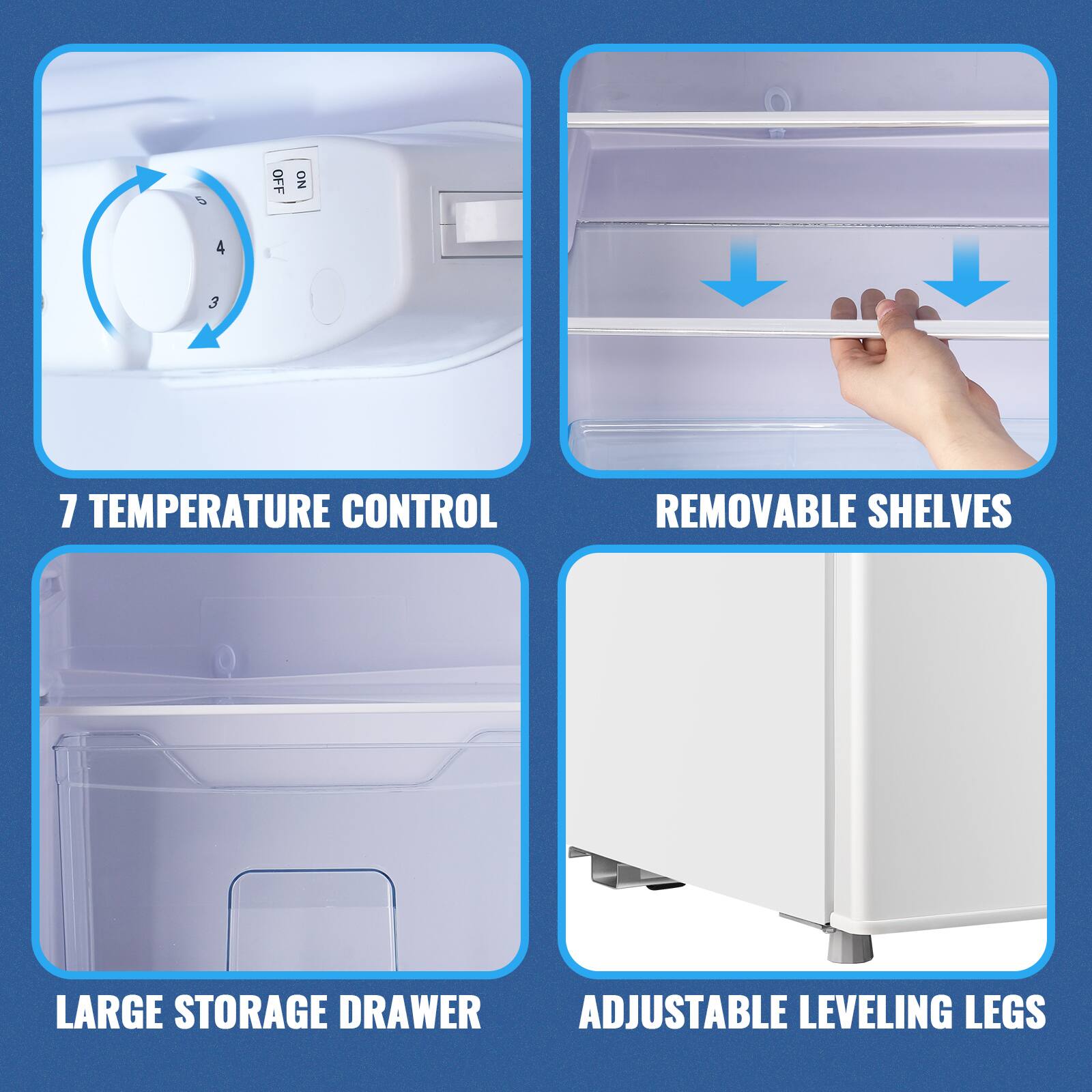 - 7 Temperature Control
- Removable Shelves
- Large Storage Drawer
- Adjustable Leveling Legs