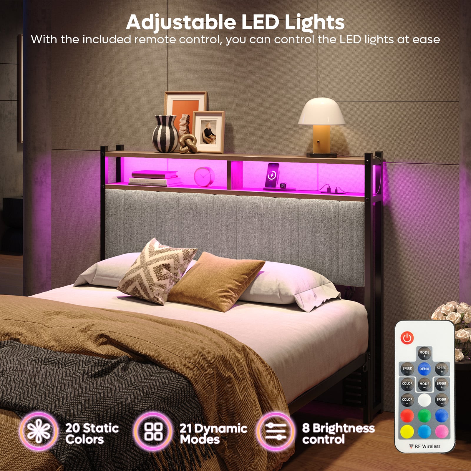 Adjustable LED Lights With the included remote control, you can control the LED lights at ease. 1 Mode Speedo Sensor Color Node Bule Color LED Lights 20 Static Colors 00 21 Dynamic Modes 8 Brightness control AF Wireless.