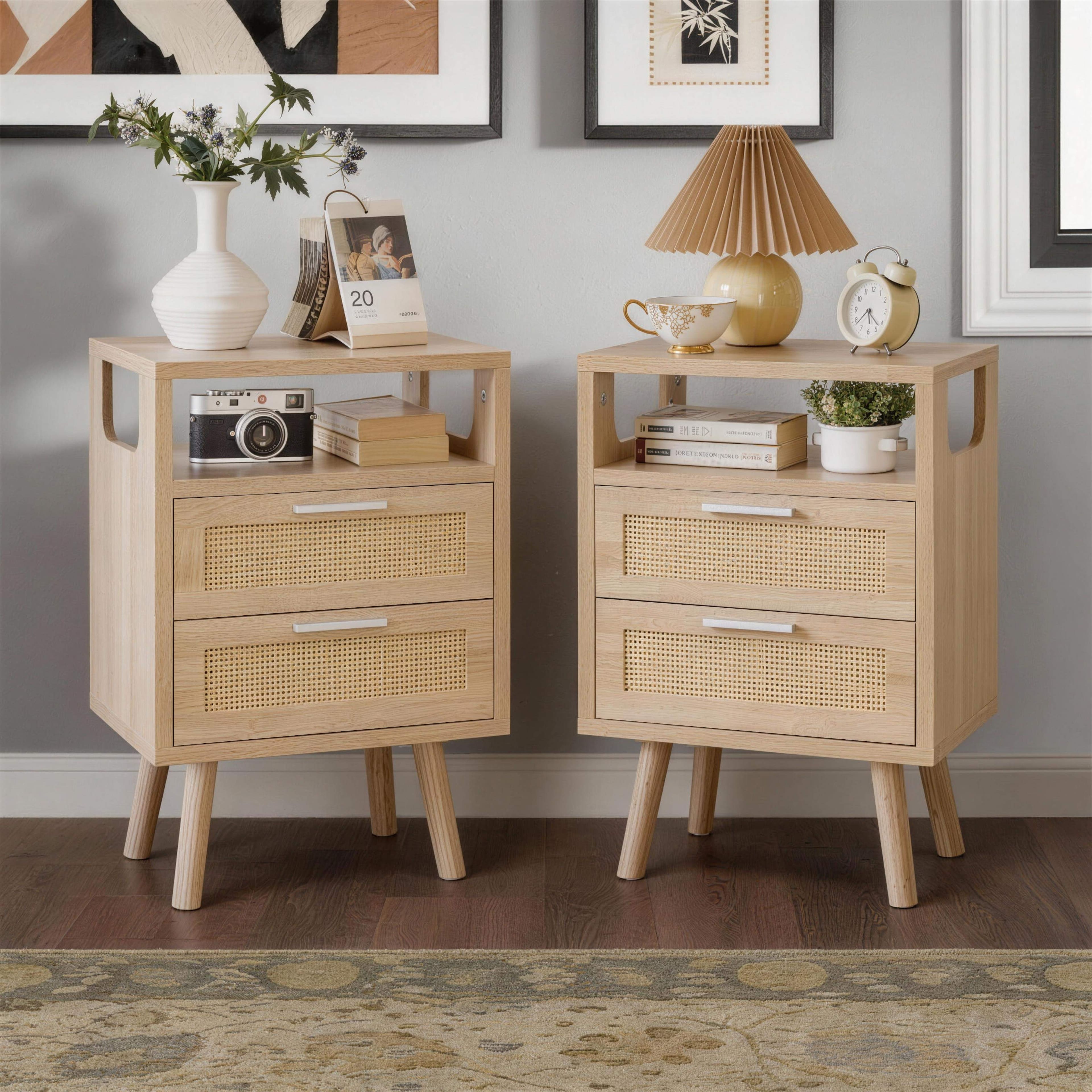 Whisen - Set of 2 Nightstand with 2-Drawer Storage,Rattan-Front Bedside Table for Bedroom with Handles - Natural