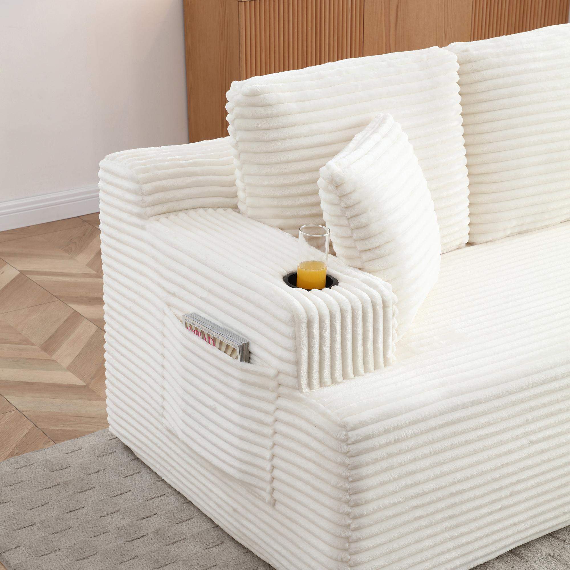 Back. Roomtec - 66.5Boneless Sofa Couch with 2 Pillows Extra Corduroy Fabric 2 Seater with Cup Holder Side Pocket Upholstered Floor - Beige.