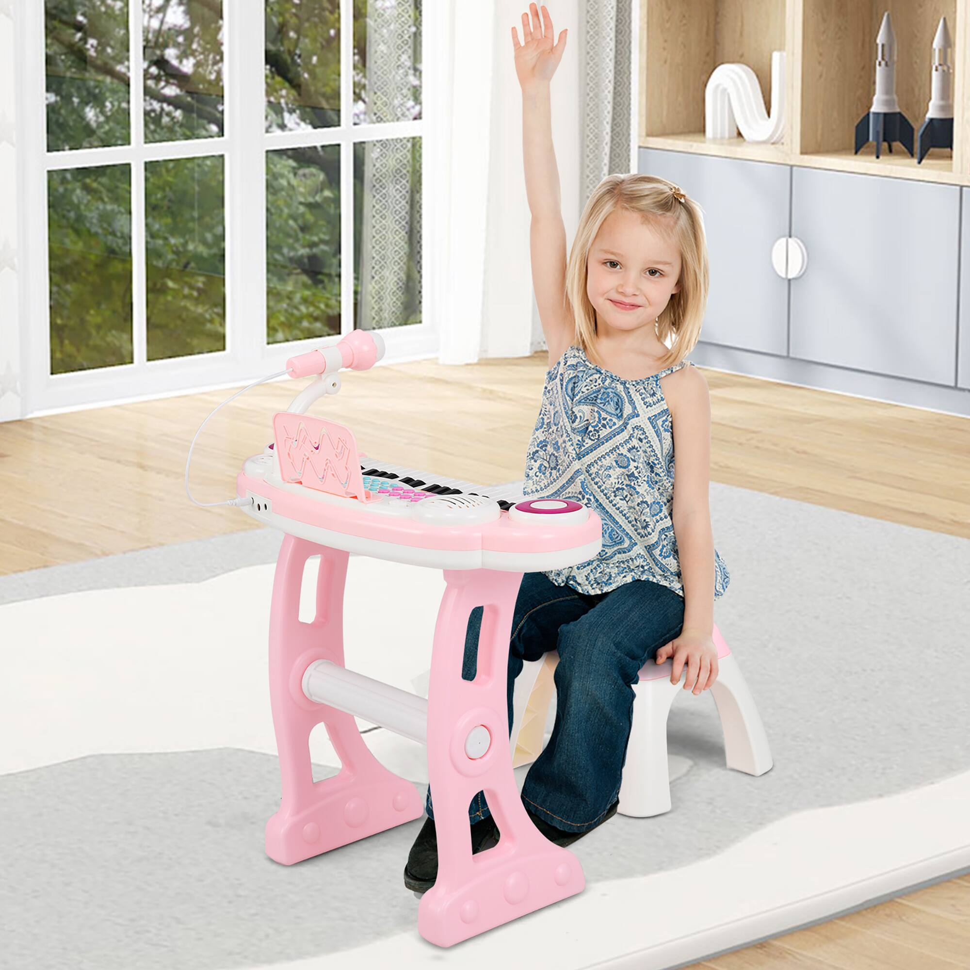 Alt View 3. Gymax - Gymax Electronic Kids Piano Toy 37 Keys Piano Keyboard w/ Detachable Legs Stool - Pink.