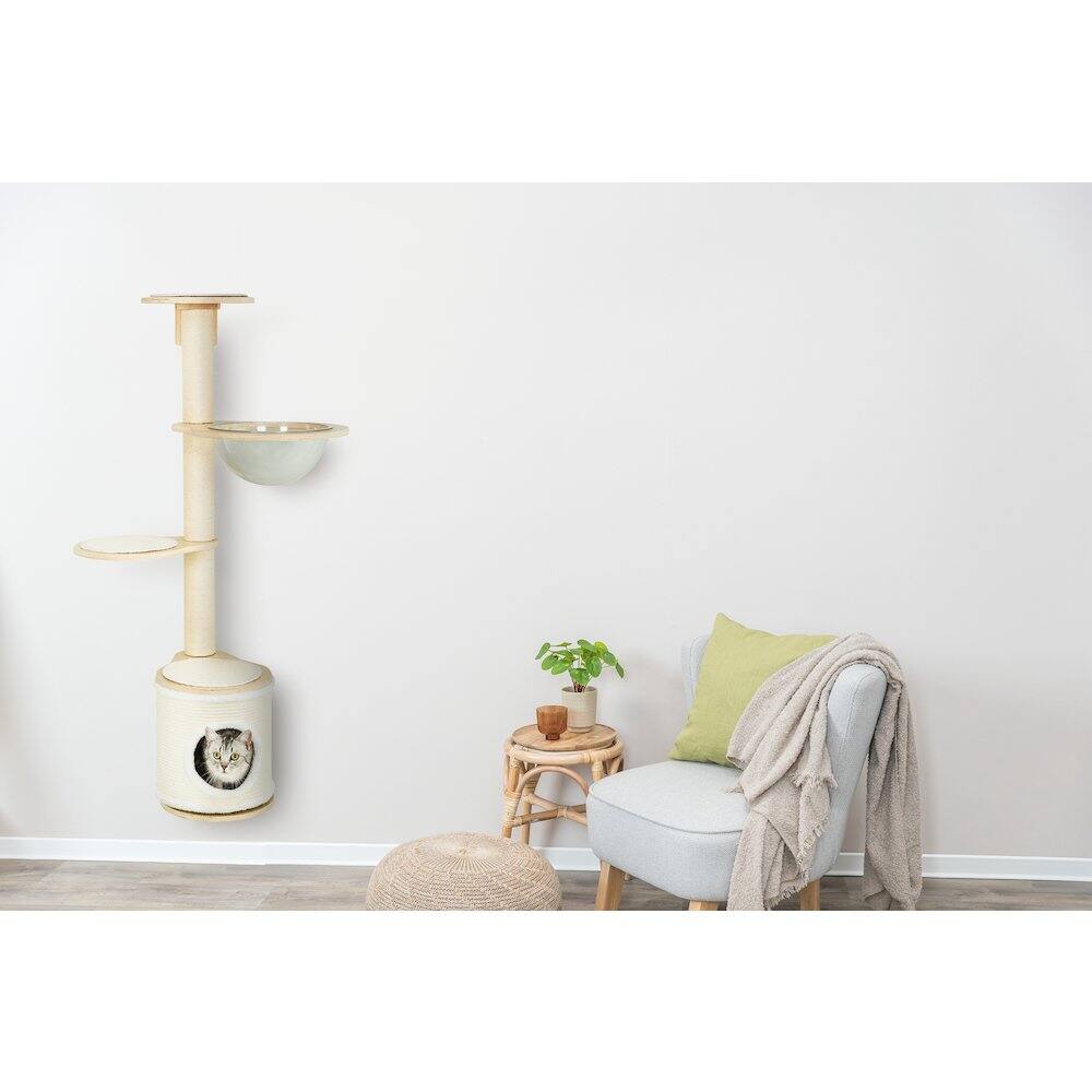 Angle. TRIXIE - Mateo Wooden & Sisal 4-Level 54.3" Wall Mount Cat Tree, Scratching Posts & Condo - Natural/White.