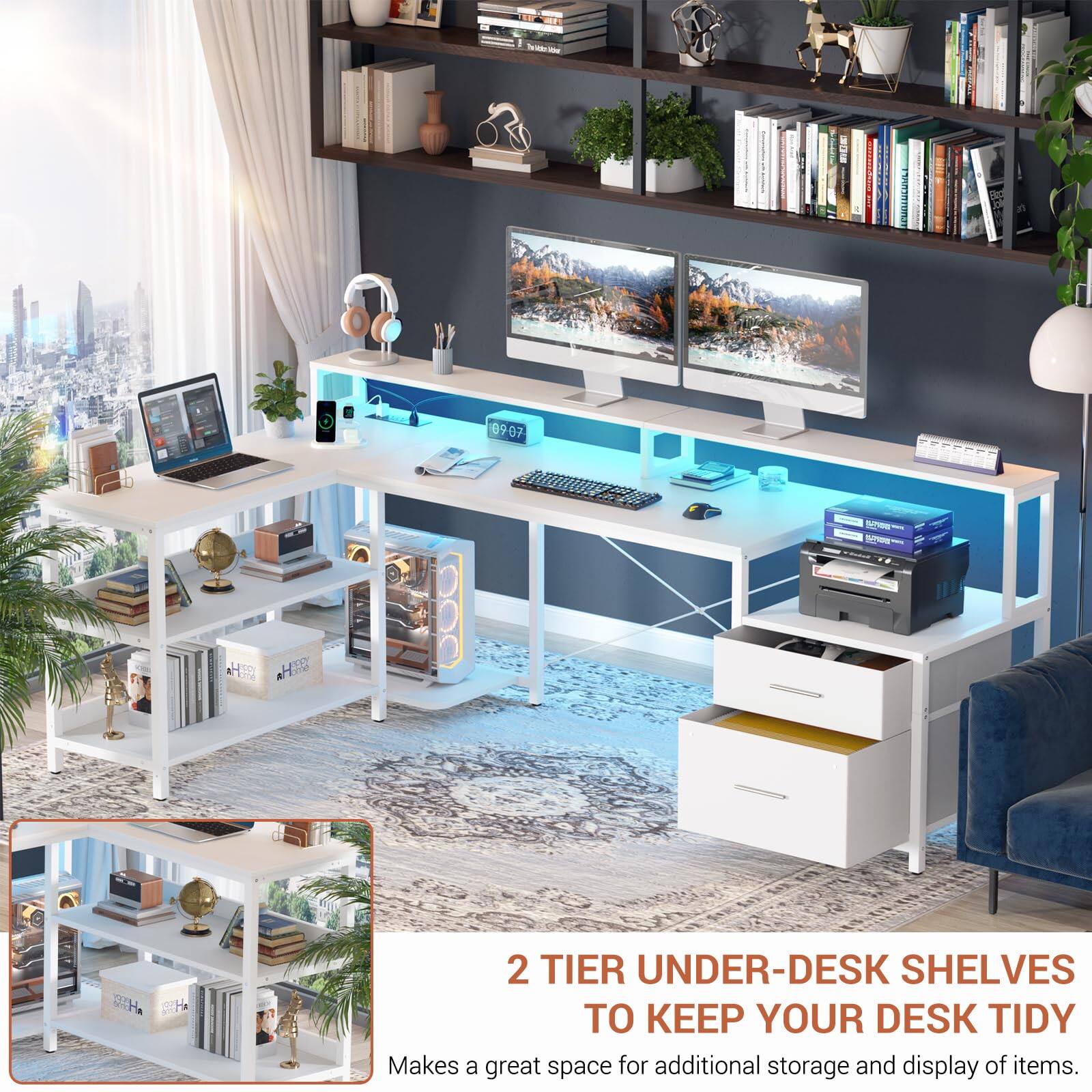 2 TIER UNDER-DESK SHELVES TO KEEP YOUR DESK TIDY  
Makes a great space for additional storage and display of items.