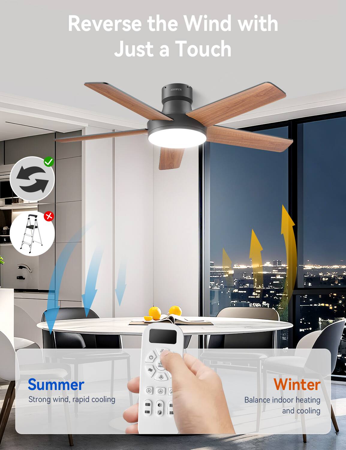 Reverse the Wind with Just a Touch

ASUFUN S X

Summer
Strong wind, rapid cooling

Winter
Balance indoor heating and cooling