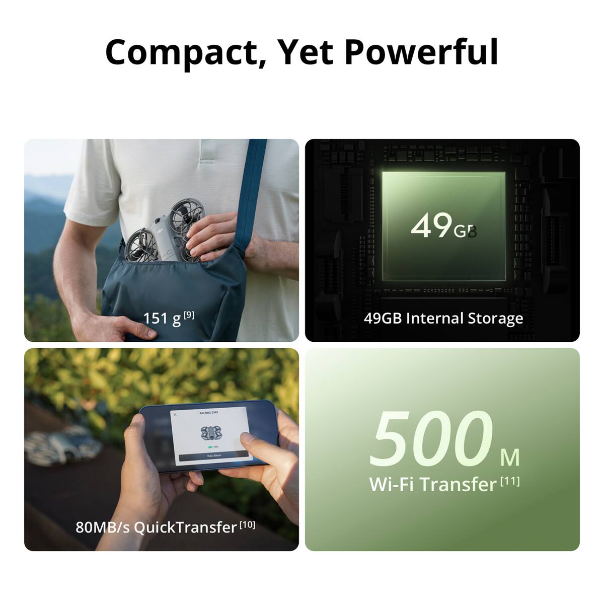 Compact, Yet Powerful

49GB Internal Storage

151 g

500 M Wi-Fi Transfer

80MB/s QuickTransfer