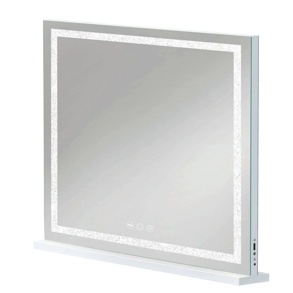 Left. Kadyn - 31.5"x22.8" Lighted Mirror with Crystal Strip, 3 Color Modes, 10X Magnification & Smart Touch Control, White+Silver.
