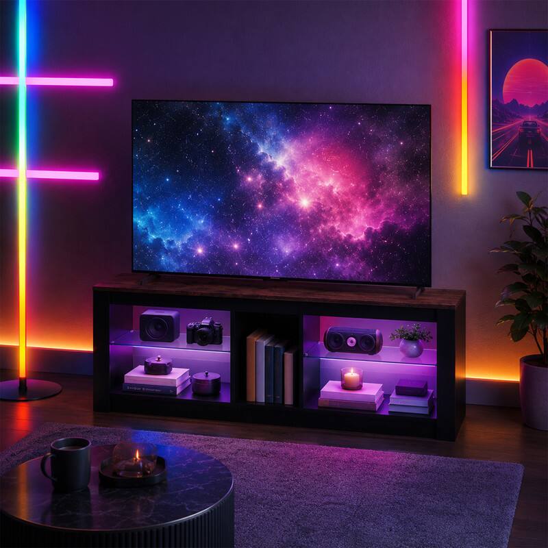 Alt View 2. WELLFOR - Modern TV Stand for TVs up to 65 " with LED Light, Entertainment Center Console Table with Adjustable Shelves - Brown.