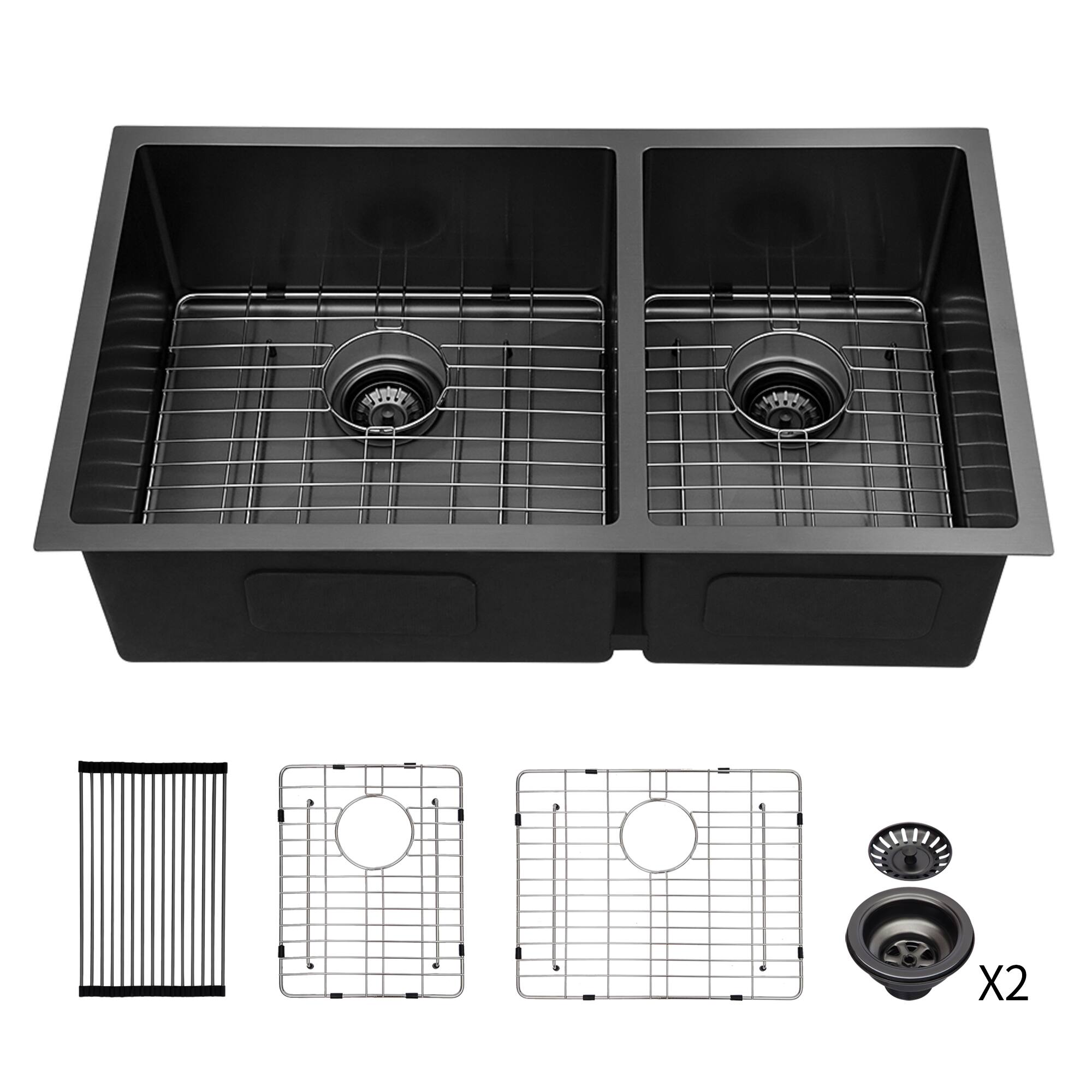 Angle. Siljoy - Double Bowl(60/40) Undermount Sink- 33"x19"x10" Gunmetal Black  Double Bowl Kitchen Sink 16 Gauge with Two Basin - Gunmetal Black.