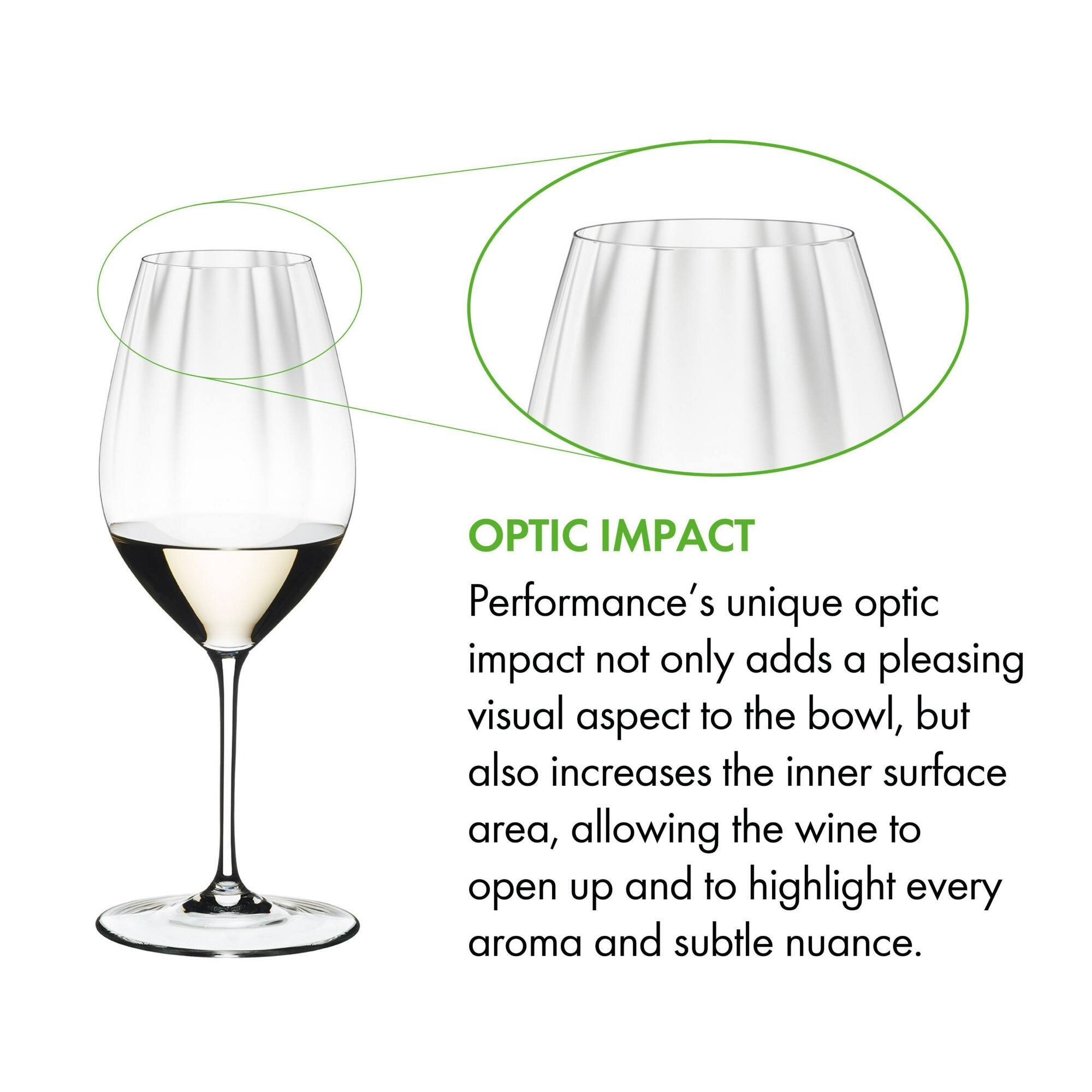 OPTIC IMPACT

Performance's unique optic impact not only adds a pleasing visual aspect to the bowl, but also increases the inner surface area, allowing the wine to open up and to highlight every aroma and subtle nuance.