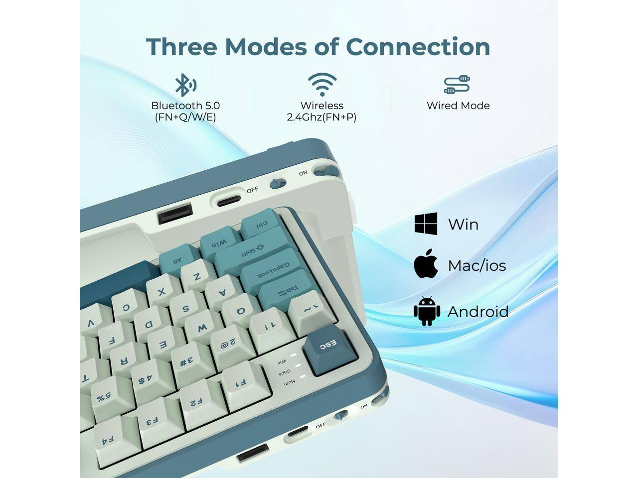 Three Modes of Connection

Bluetooth 5.0 (FN+Q/W/E)
Wireless 2.4Ghz (FN+P)
Wired Mode

ON OFF

Win
Mac/ios
Android