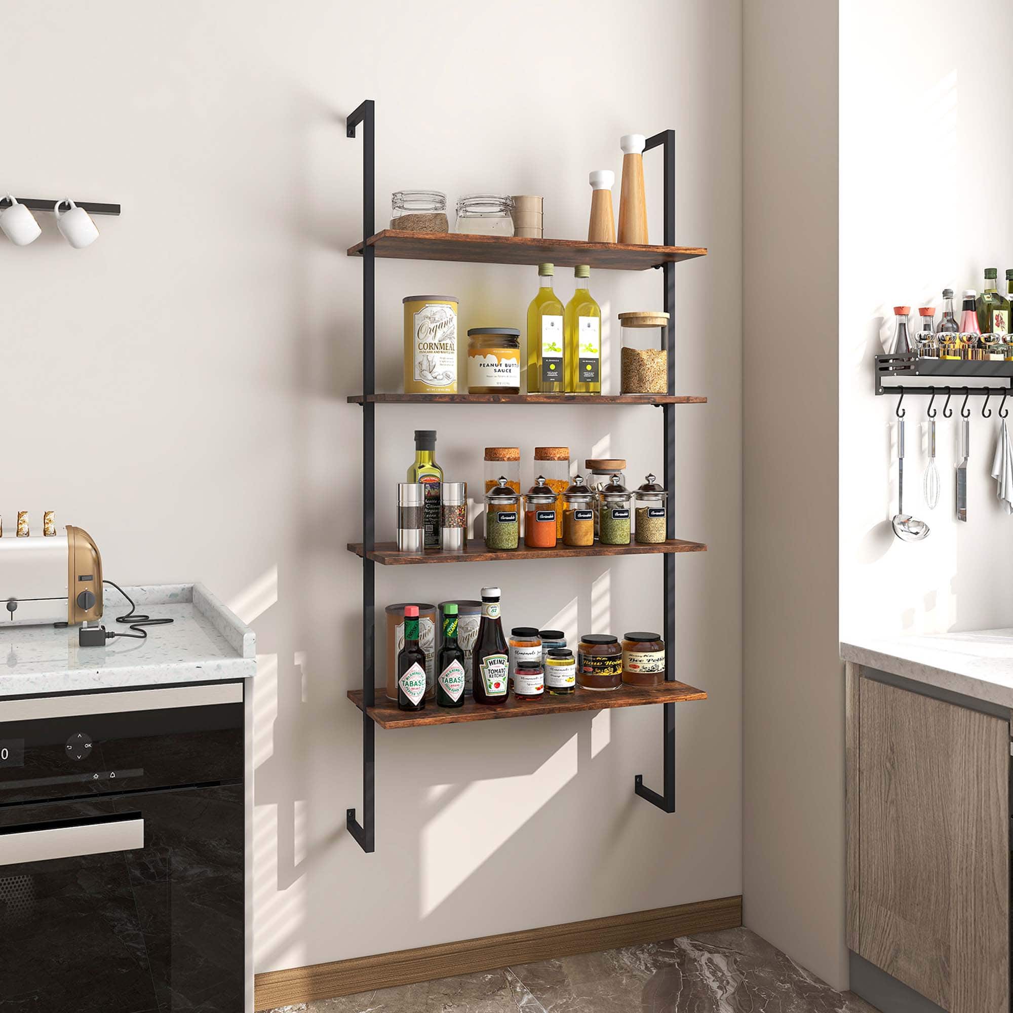 The image shows a kitchen with a shelf holding various spices and condiments. The shelf is located next to a sink and a stove. The spices include items such as cornmeal, olive oil, and other condiments. The kitchen also features a counter with a coffee maker and a knife rack. The overall scene is well-organized and functional for cooking and food preparation.
